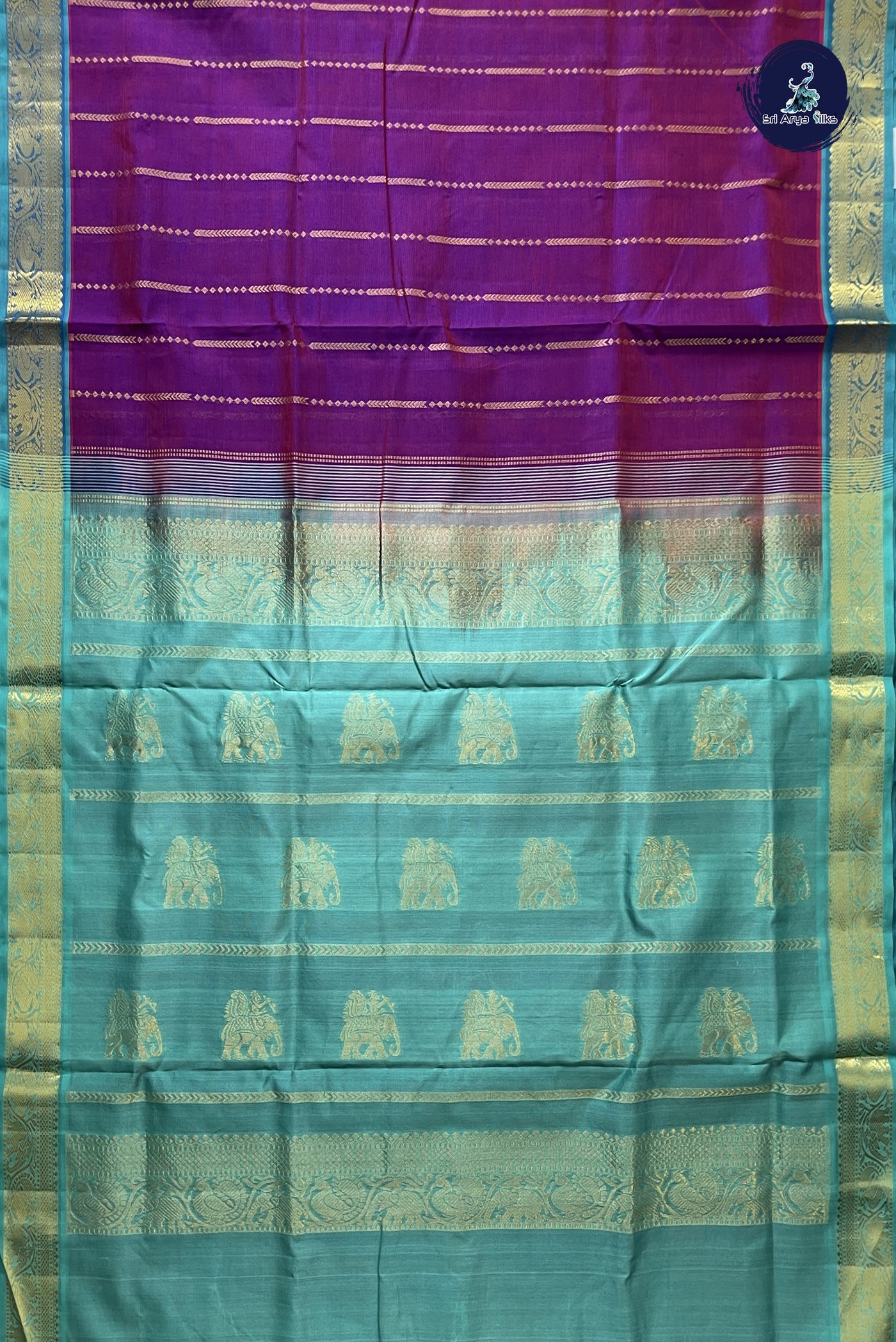 Dual Tone Purple 10 Yards Silk Cotton Saree With Stripes Pattern