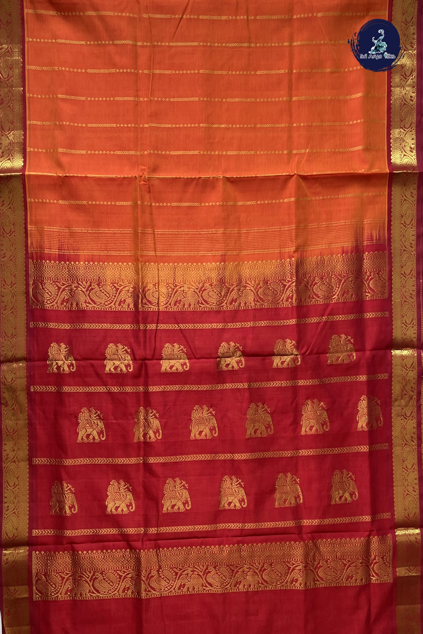 Lite Mustard Orange 10 Yards Silk Cotton Saree With Stripes Pattern