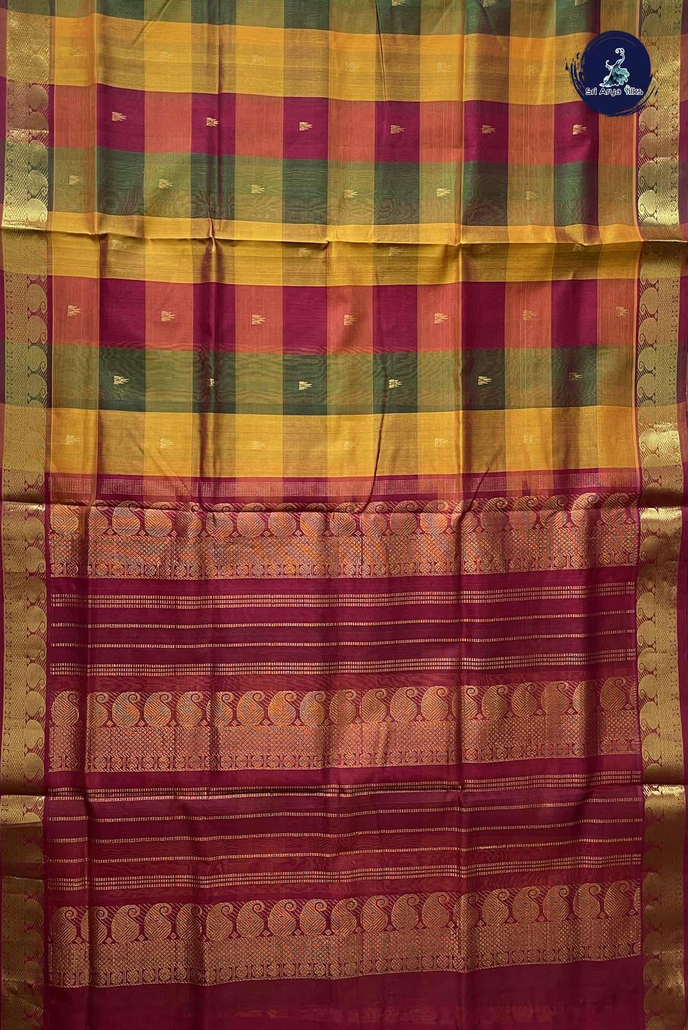 Multi Colour 10 Yards Silk Cotton Saree With Checked Pattern