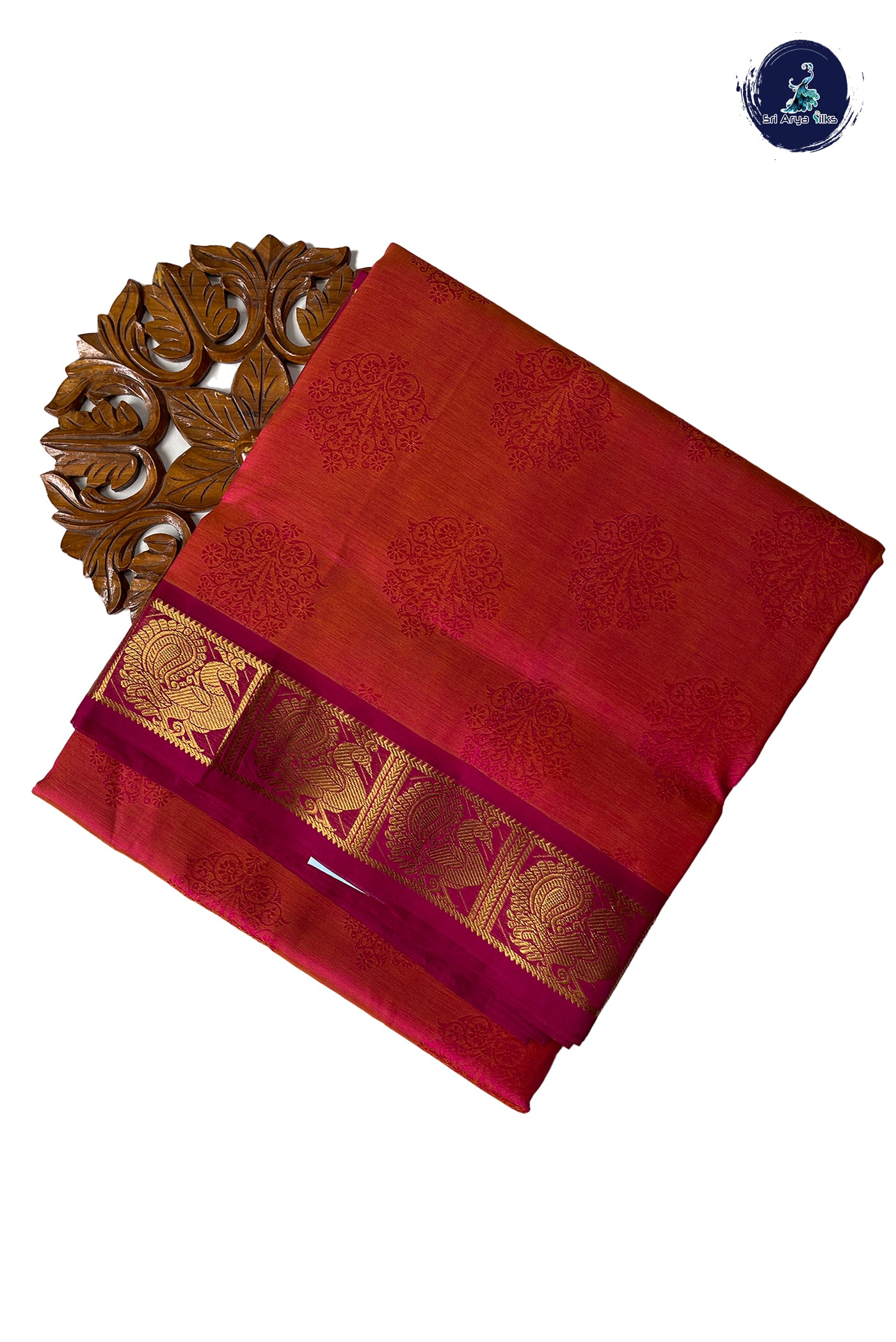 Orangish Pink 10 Yards Silk Cotton Saree With Embossed Pattern