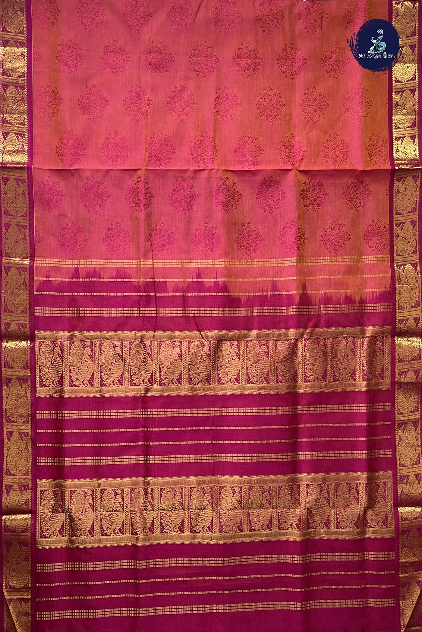 Orangish Pink 10 Yards Silk Cotton Saree With Embossed Pattern