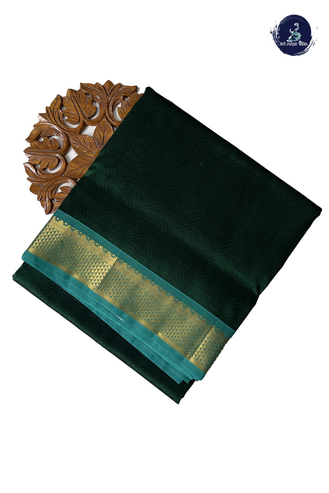 Bottle Green 10 Yards Silk Cotton Saree With Embossed Pattern