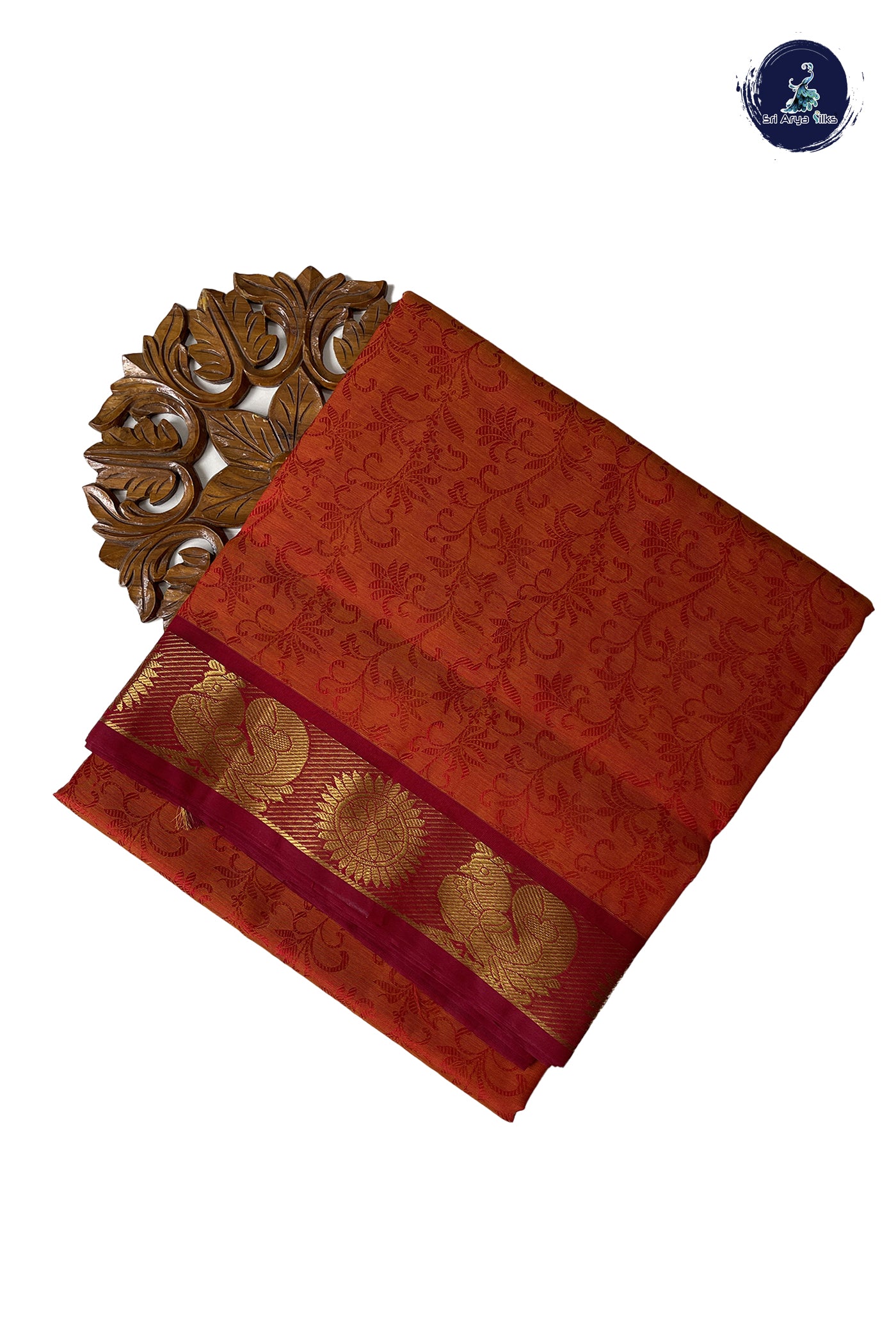 Dusty Orange 10 Yards Silk Cotton Saree With Embossed Pattern