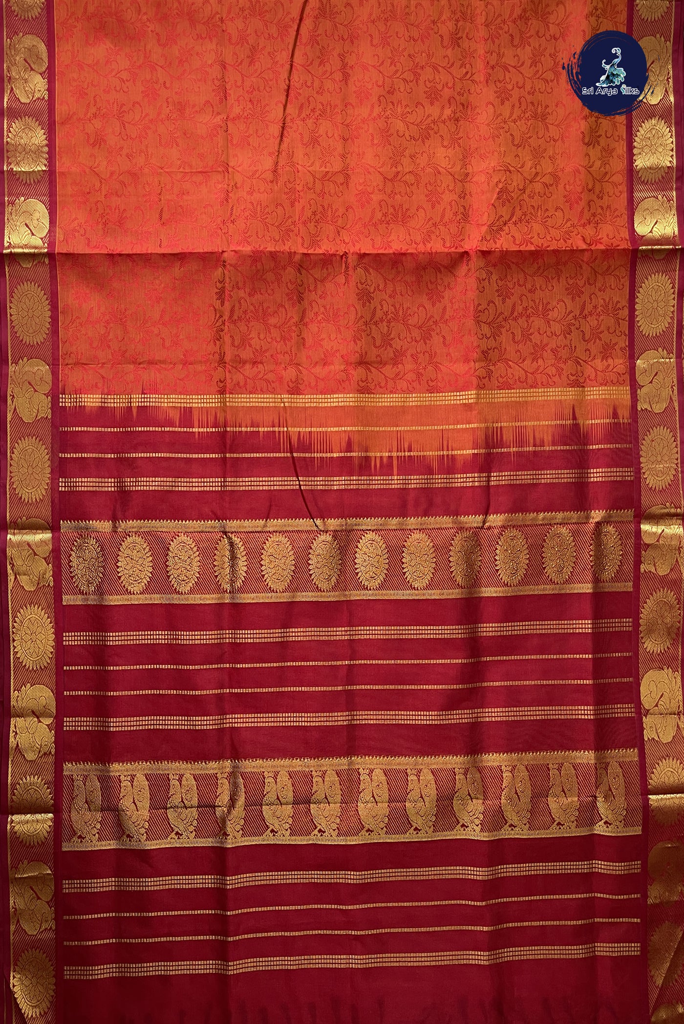 Dusty Orange 10 Yards Silk Cotton Saree With Embossed Pattern