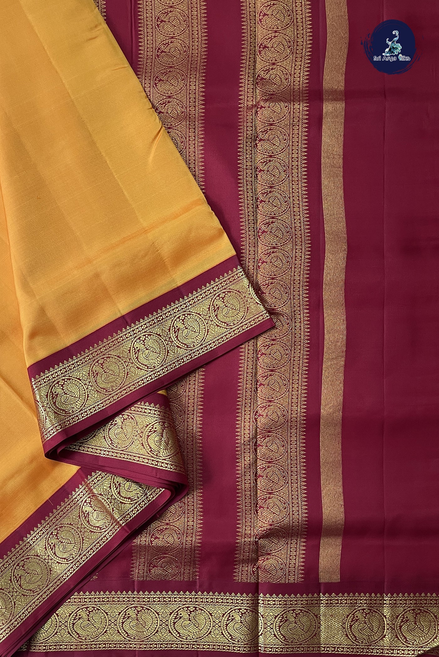 Mango Yellow Madisar 10 Yards Silk Saree With Plain Pattern