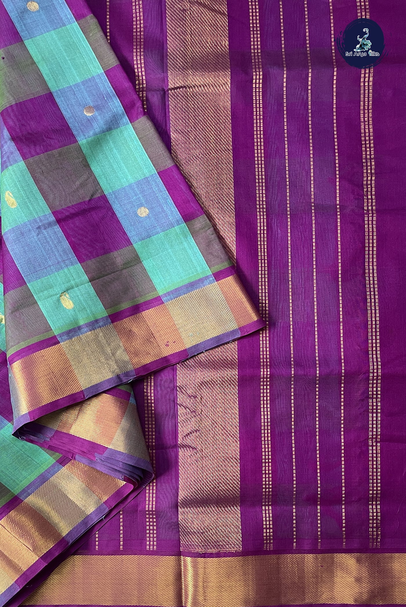 Multi Colour 10 Yards Silk Cotton Saree With Checked Pattern