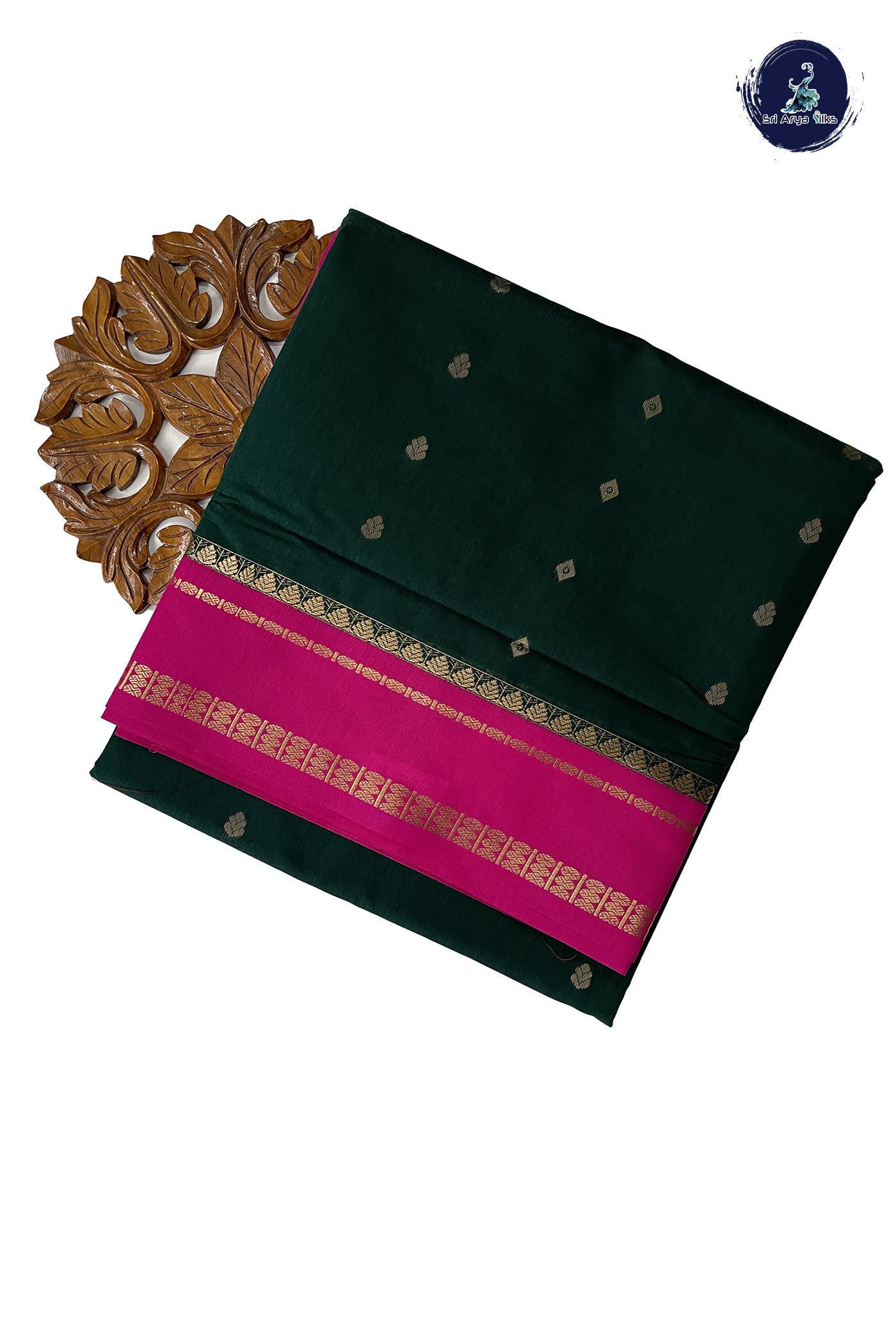 Bottle Green Madisar Semi Silk Cotton Saree With Zari Buttas Pattern