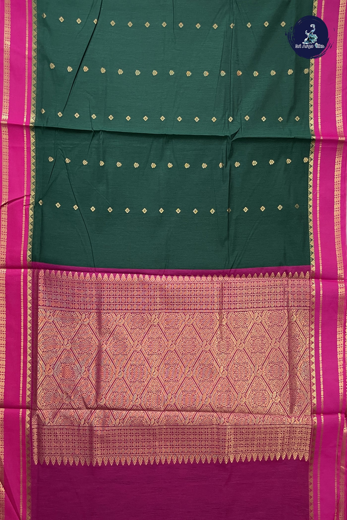 Bottle Green Madisar Semi Silk Cotton Saree With Zari Buttas Pattern