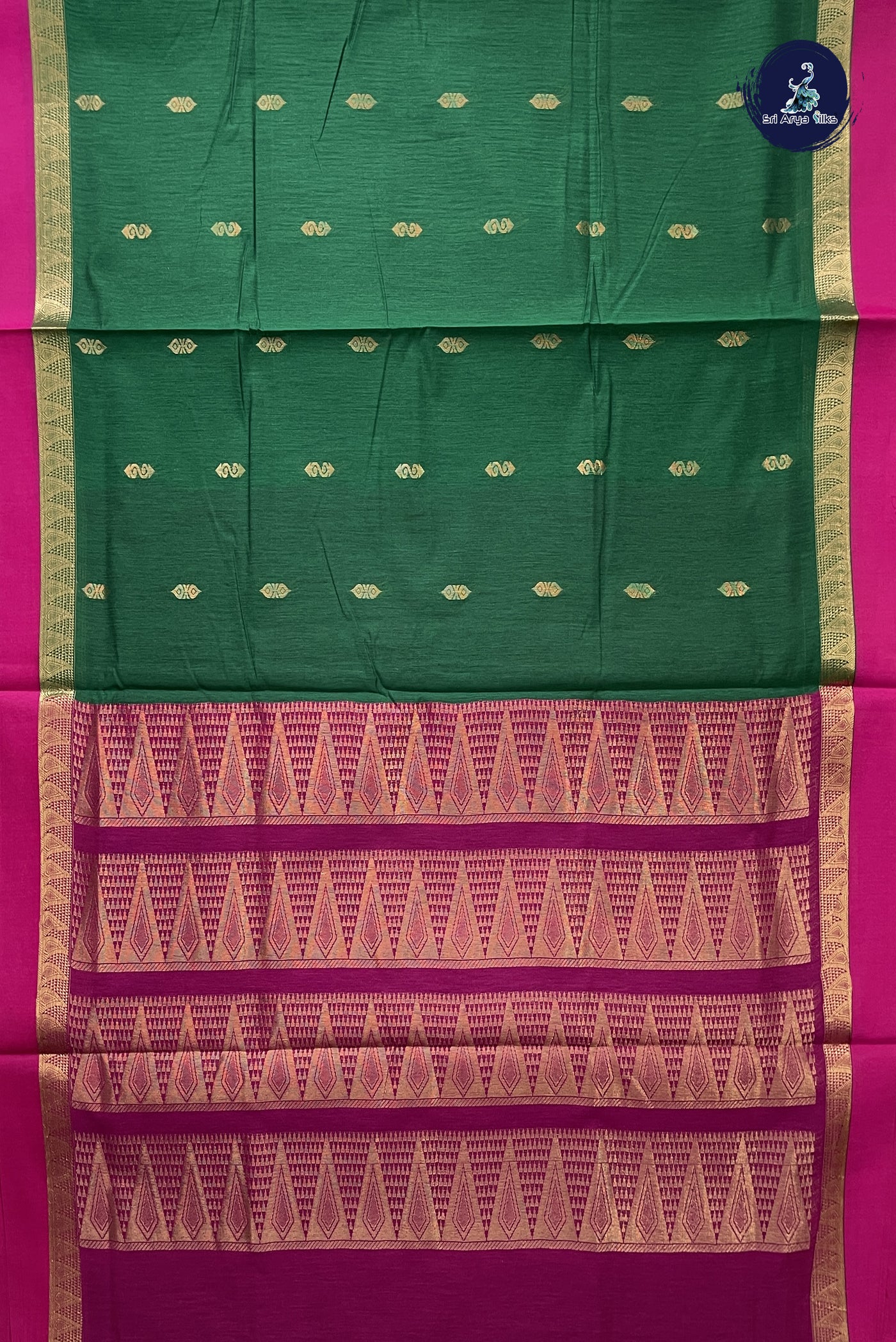 Dark Green Madisar Semi Silk Cotton Saree With Zari Buttas Pattern