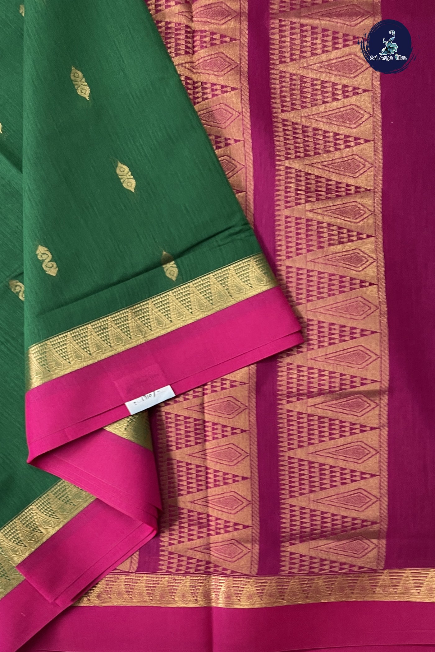 Dark Green Madisar Semi Silk Cotton Saree With Zari Buttas Pattern