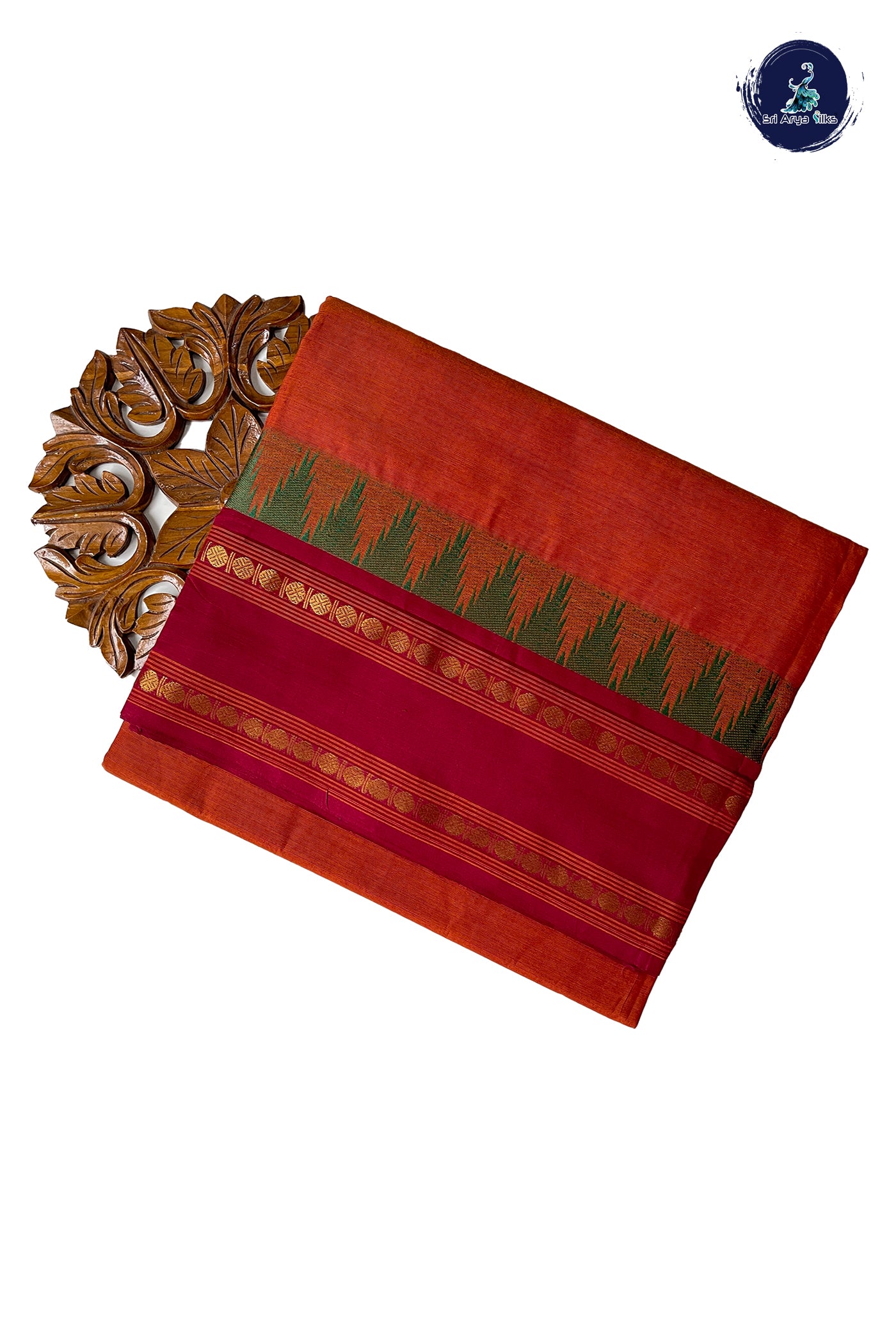 Rust 10 Yards Madisar Cotton Saree With Plain Pattern