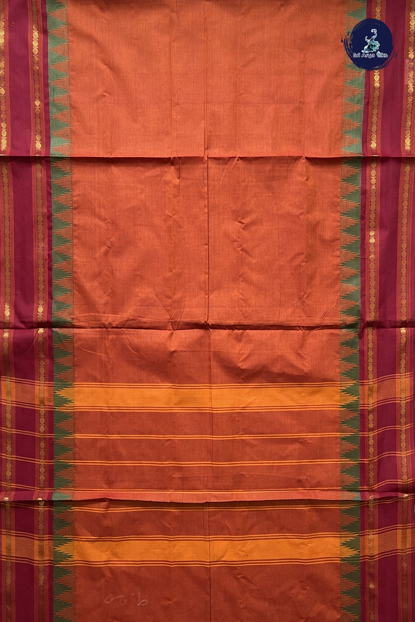 Rust 10 Yards Madisar Cotton Saree With Plain Pattern