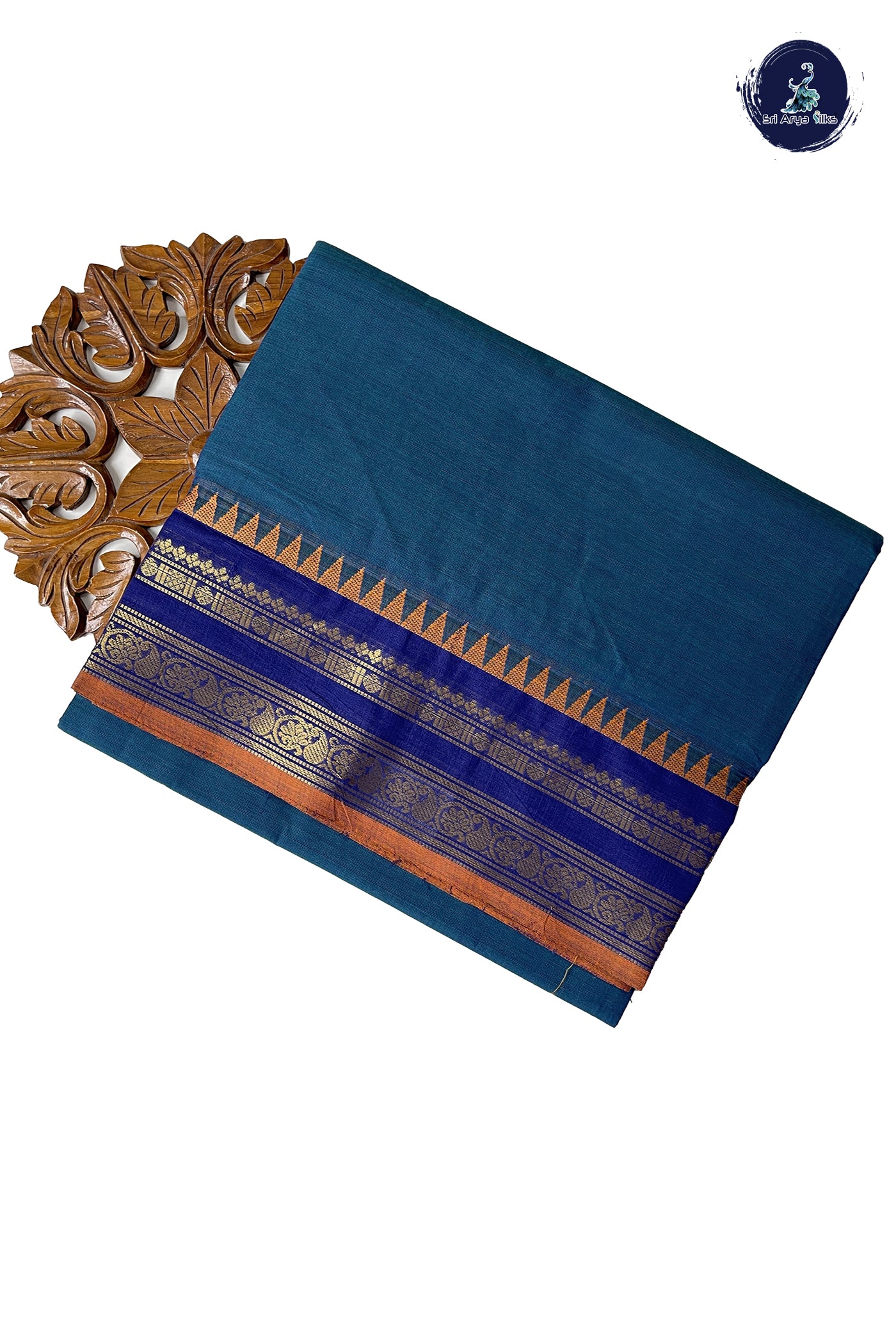 Peacock Blue 10 Yards Madisar Cotton Saree With Plain Pattern