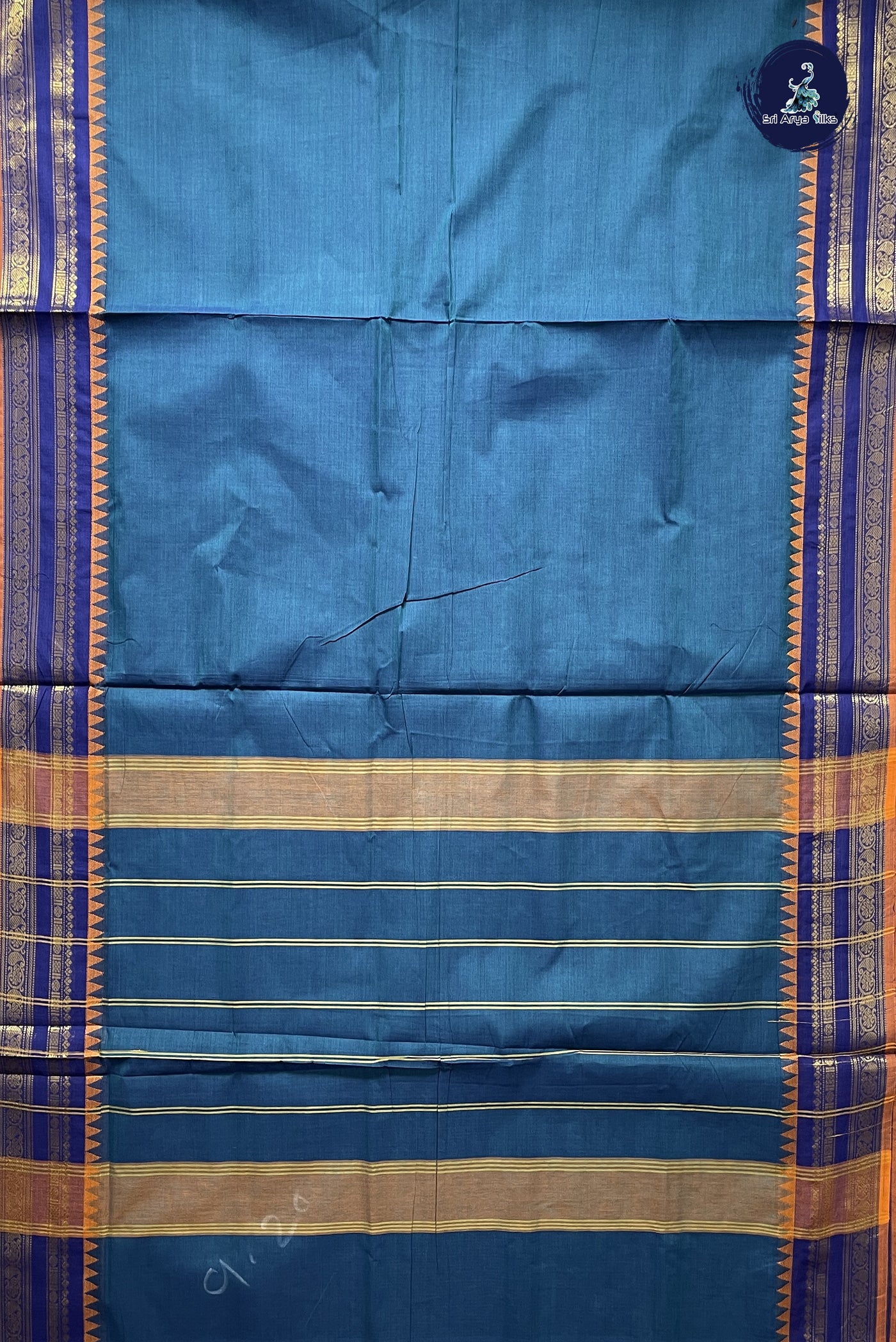 Peacock Blue 10 Yards Madisar Cotton Saree With Plain Pattern