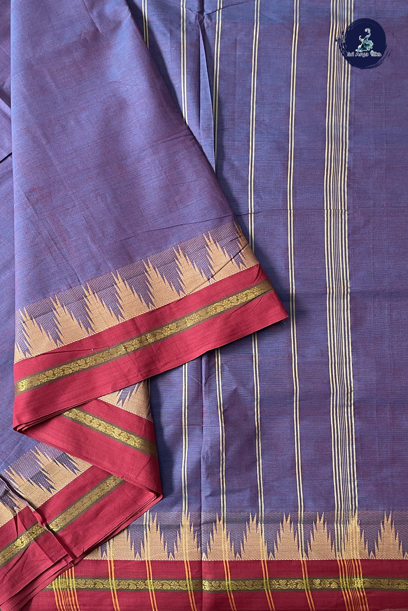 Greyish Lavender 10 Yards Madisar Cotton Saree With Plain Pattern