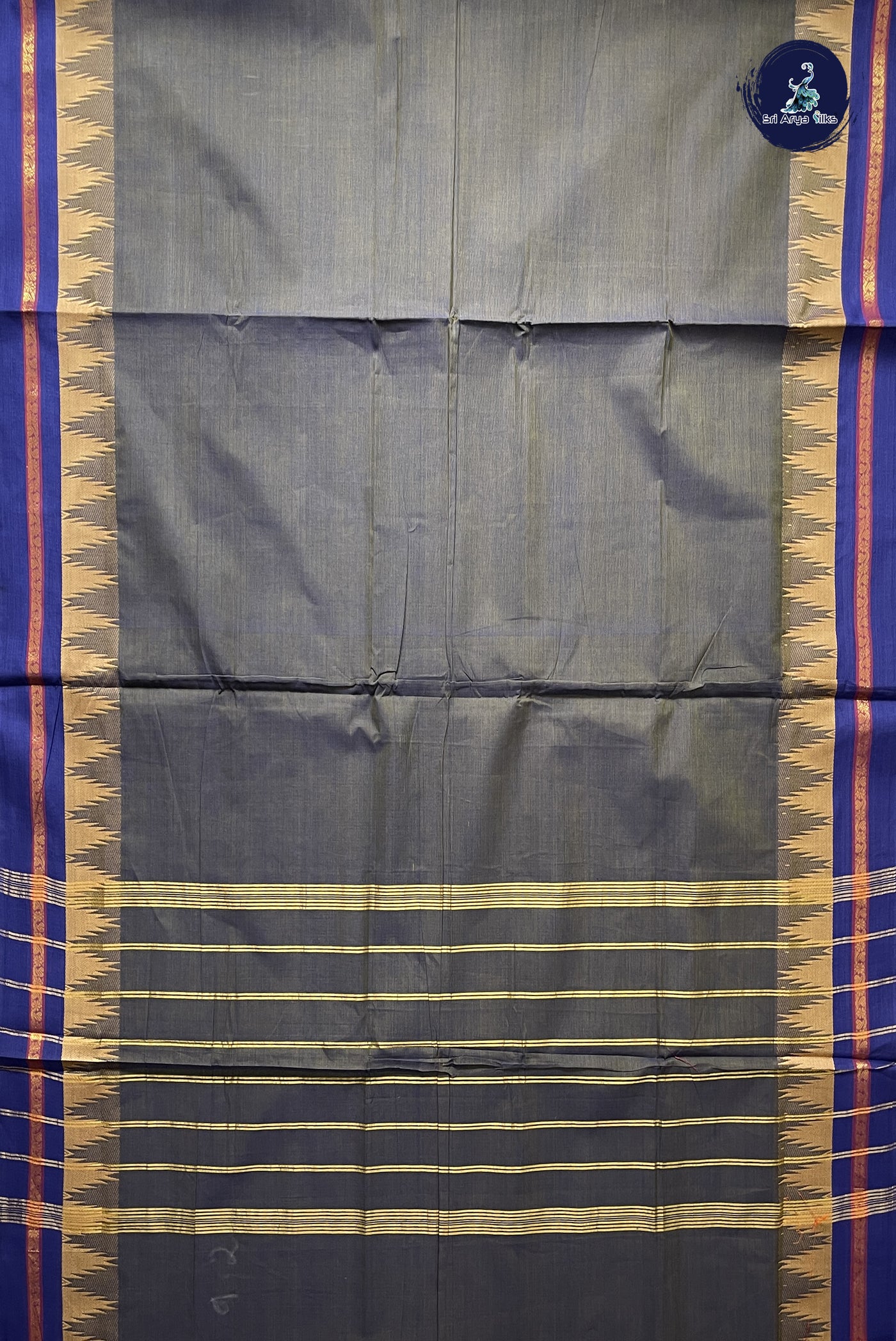 Greyish Blue 10 Yards Madisar Cotton Saree With Plain Pattern