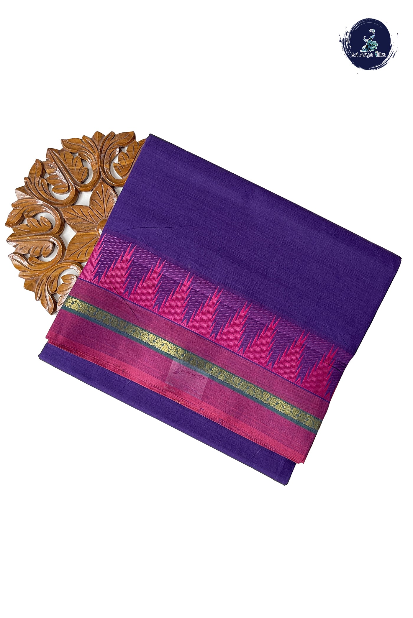 Violet 10 Yards Madisar Cotton Saree With Plain Pattern