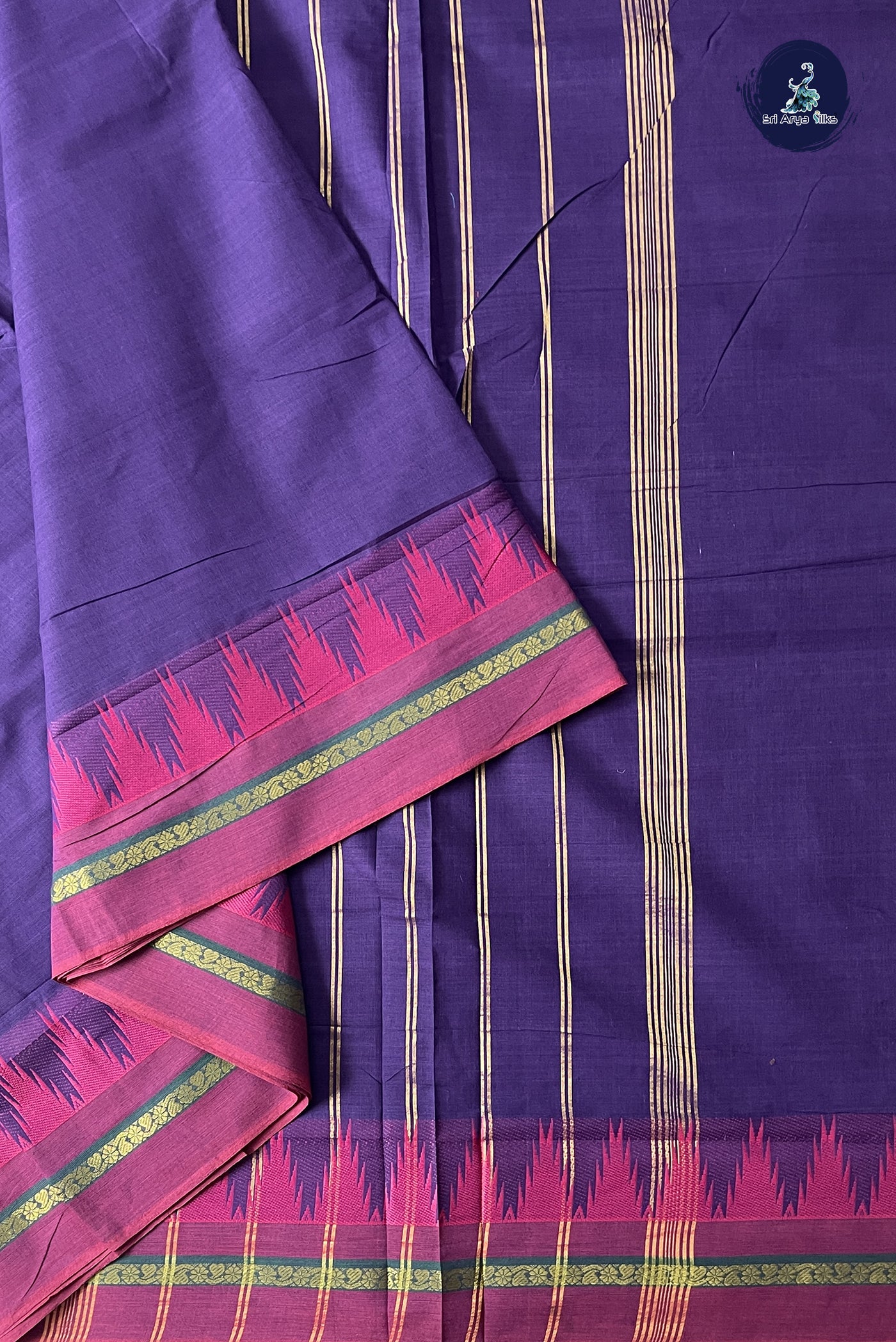 Violet 10 Yards Madisar Cotton Saree With Plain Pattern