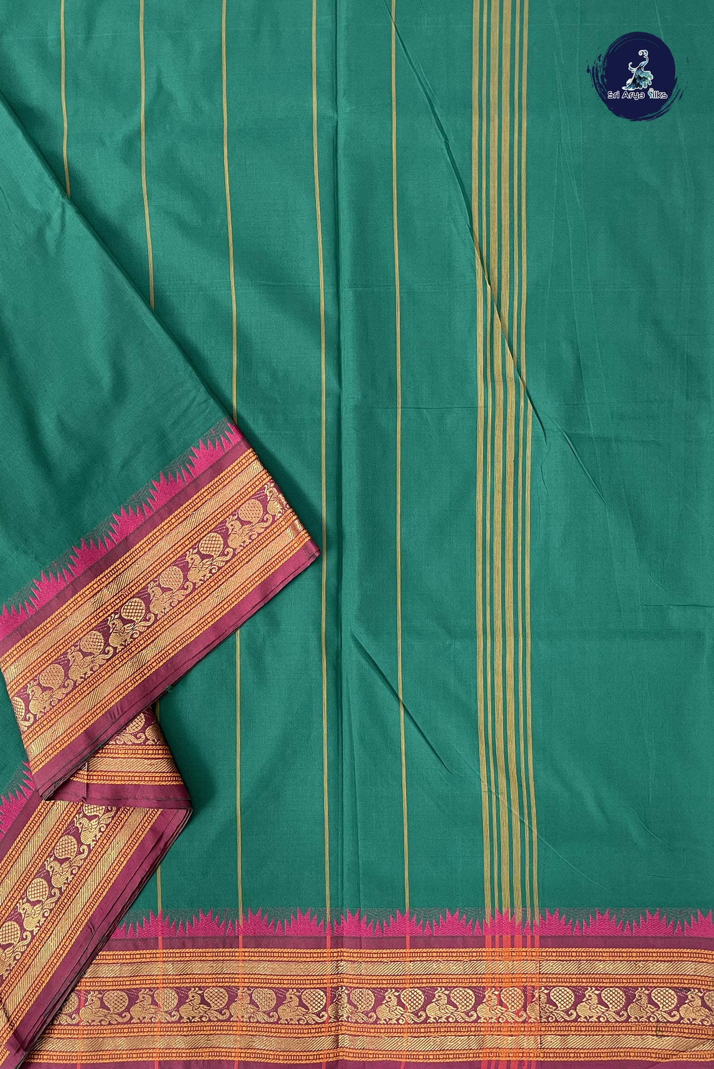 Green Madisar Cotton Saree With Plain Pattern