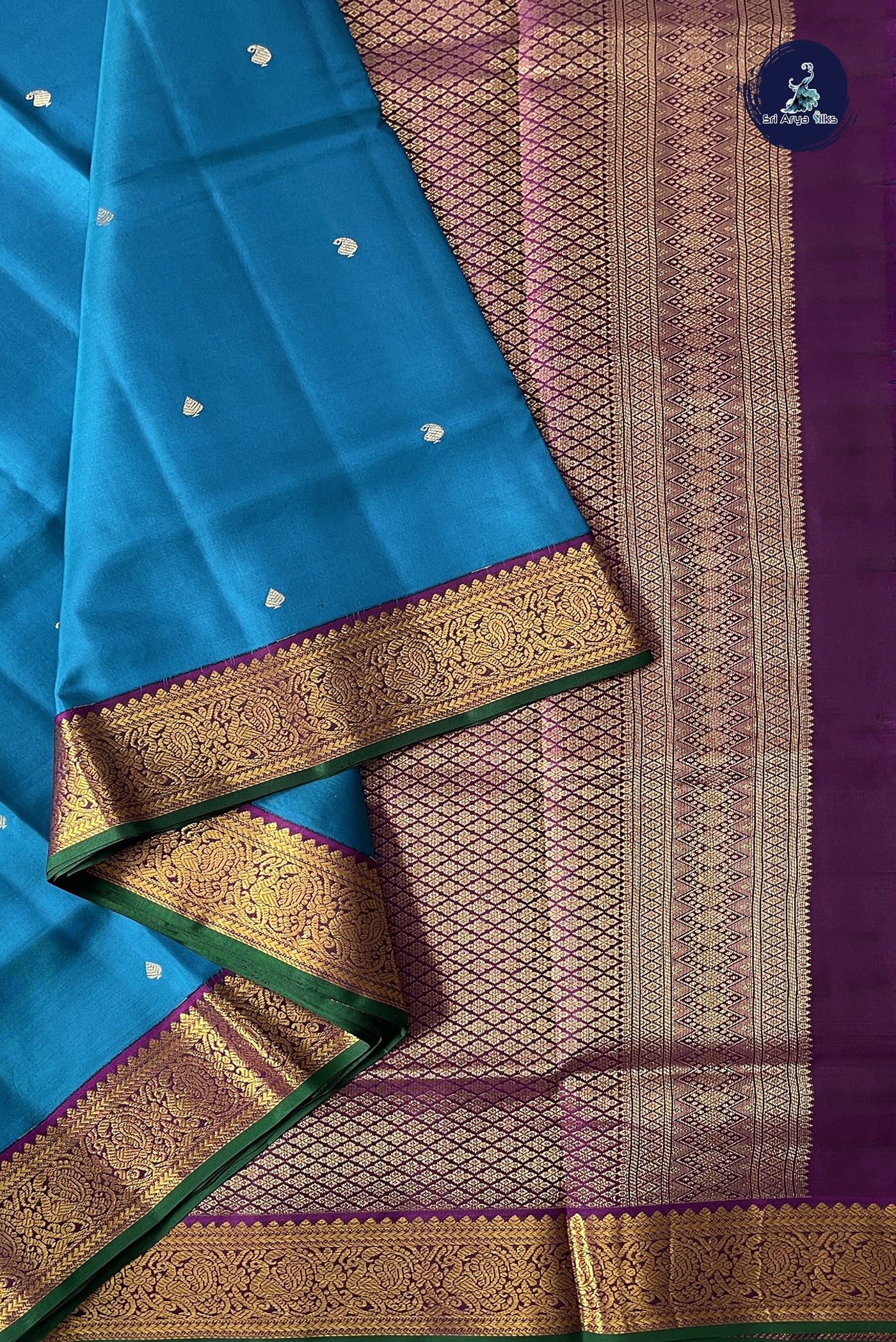 Copper Sulphate Blue Madisar 10 Yards Silk Saree With Buttas Pattern