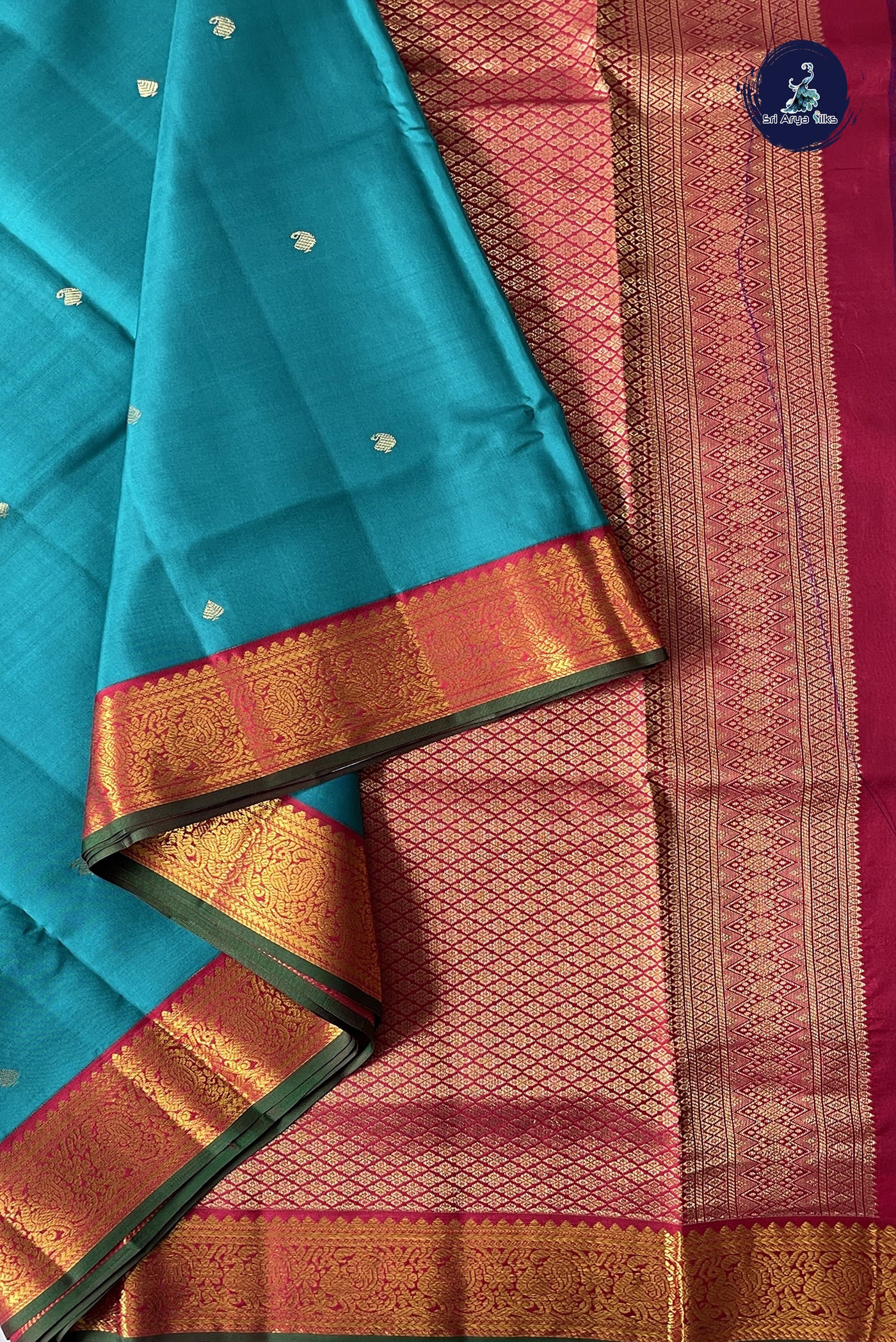 Teal Blue Madisar 10 Yards Silk Saree With Buttas Pattern