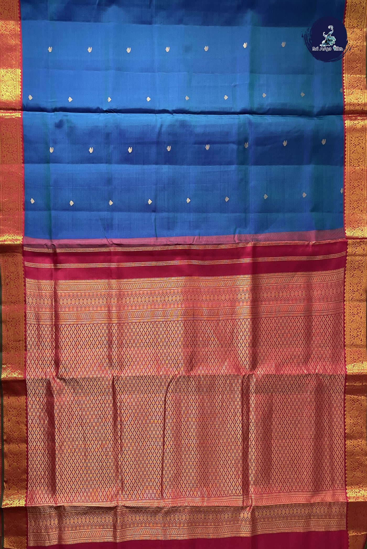 Peacock Blue Madisar 10 Yards Silk Saree With Buttas Pattern