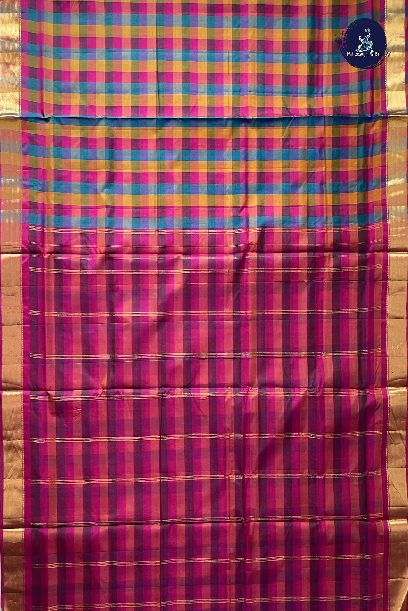 Multi Colour Madisar 10 Yards Silk Saree With Checked Pattern