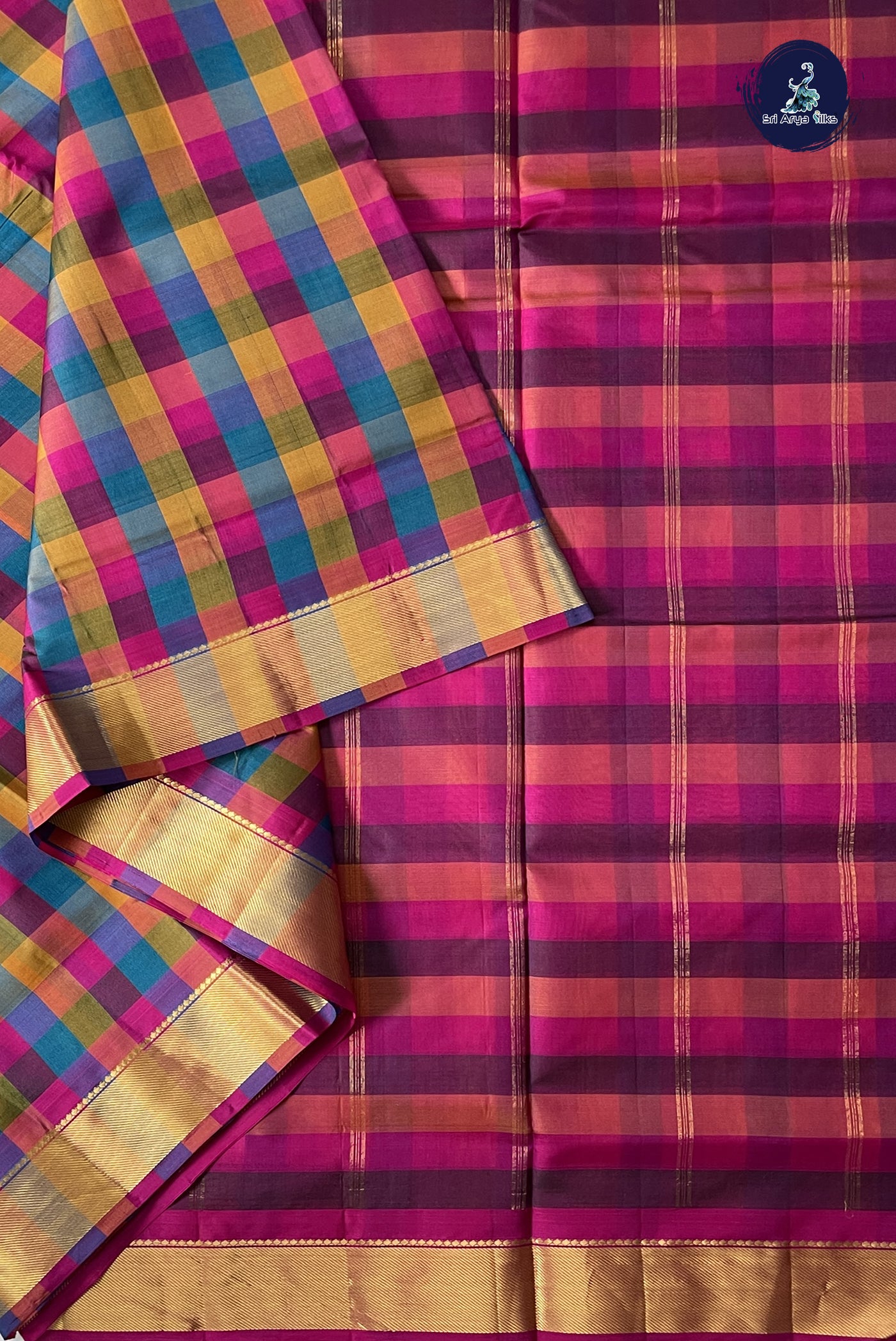 Multi Colour Madisar 10 Yards Silk Saree With Checked Pattern