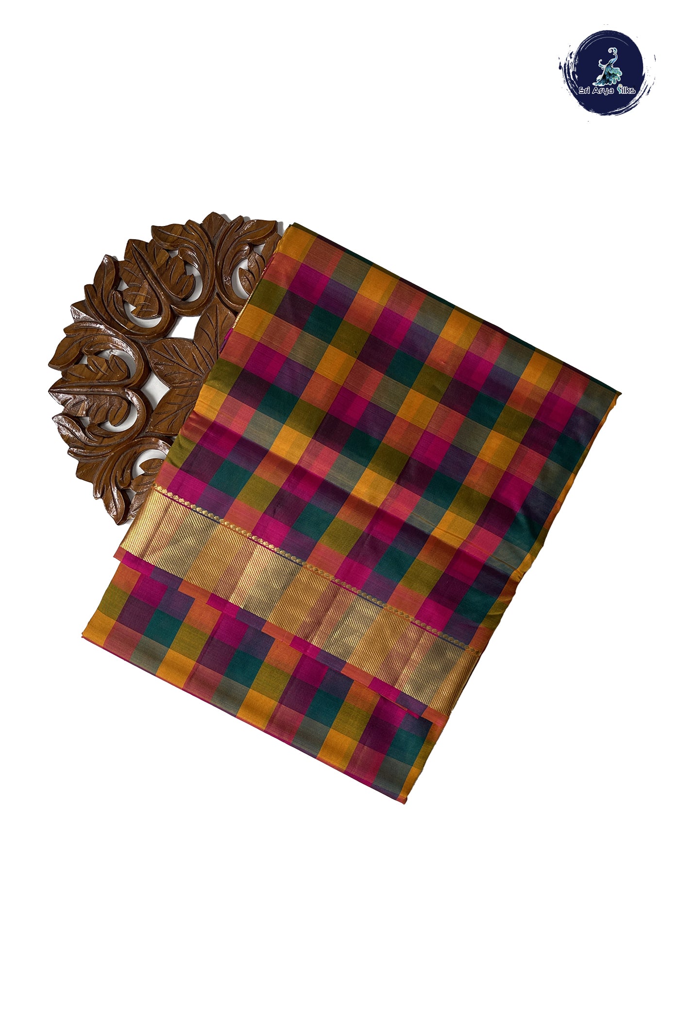 Multi Colour Madisar 10 Yards Silk Saree With Checked Pattern