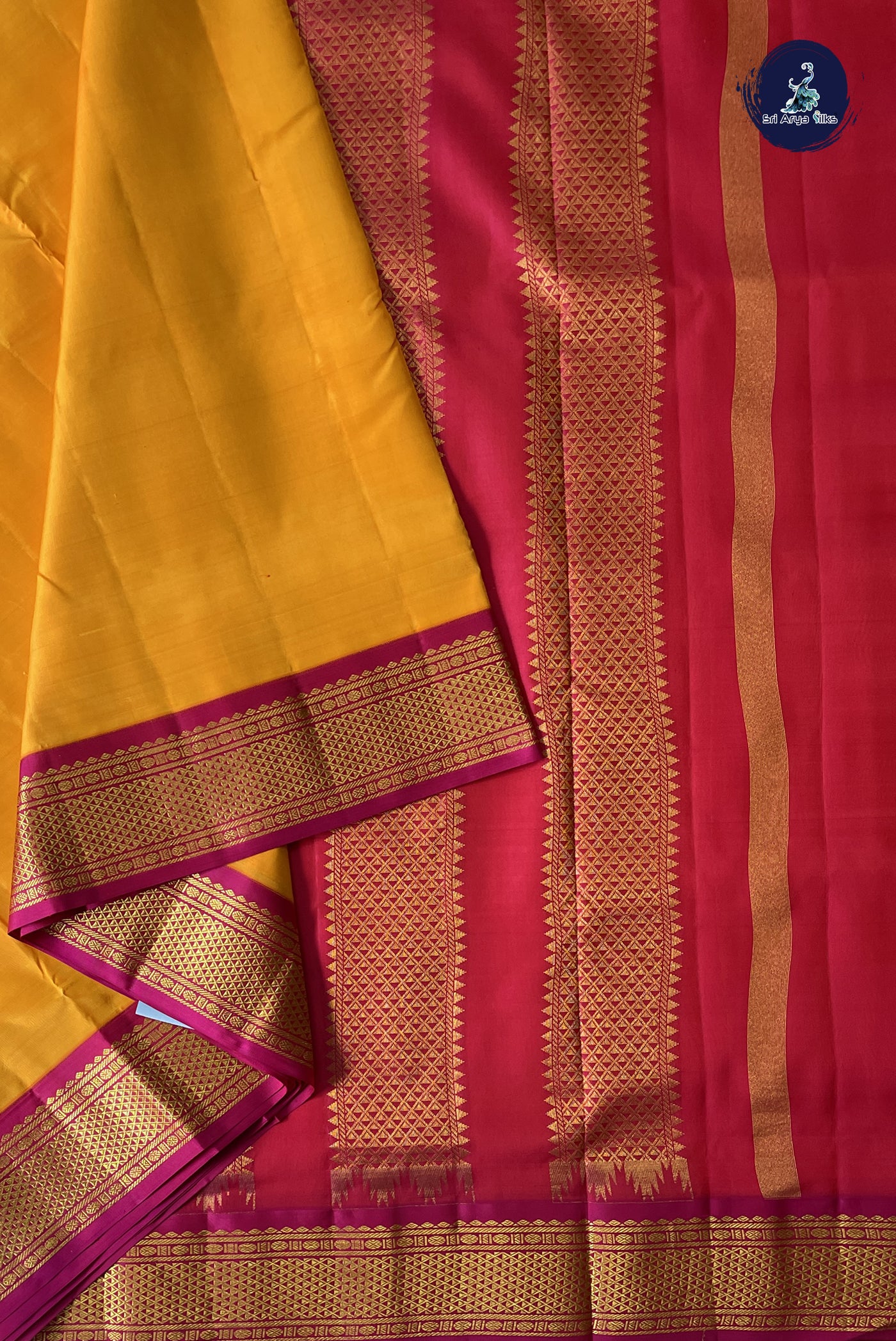 Mango Yellow Madisar 10 Yards Silk Saree With Plain Pattern