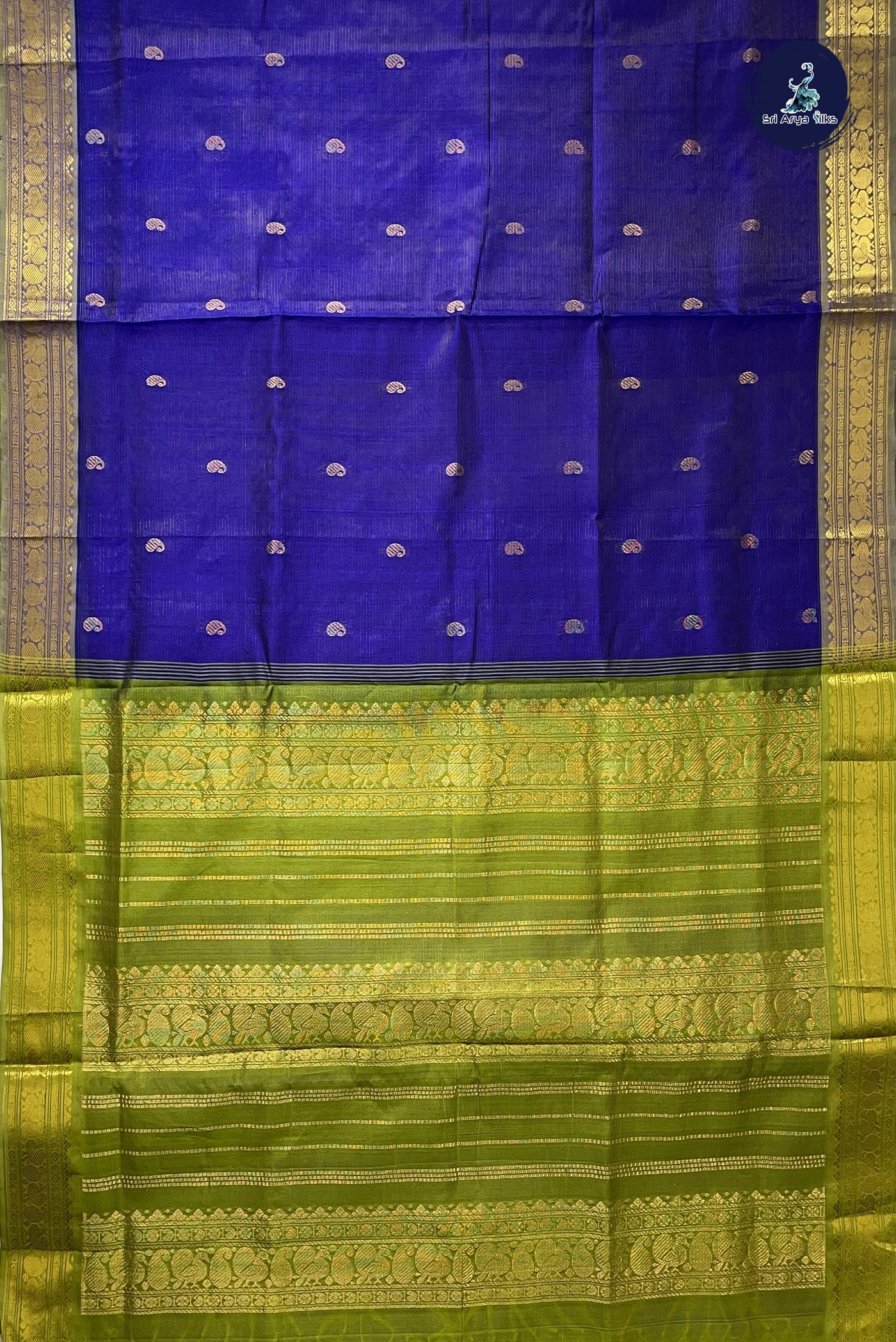 MS Blue Madisar Silk Cotton Saree With Vaira Oosi Pattern