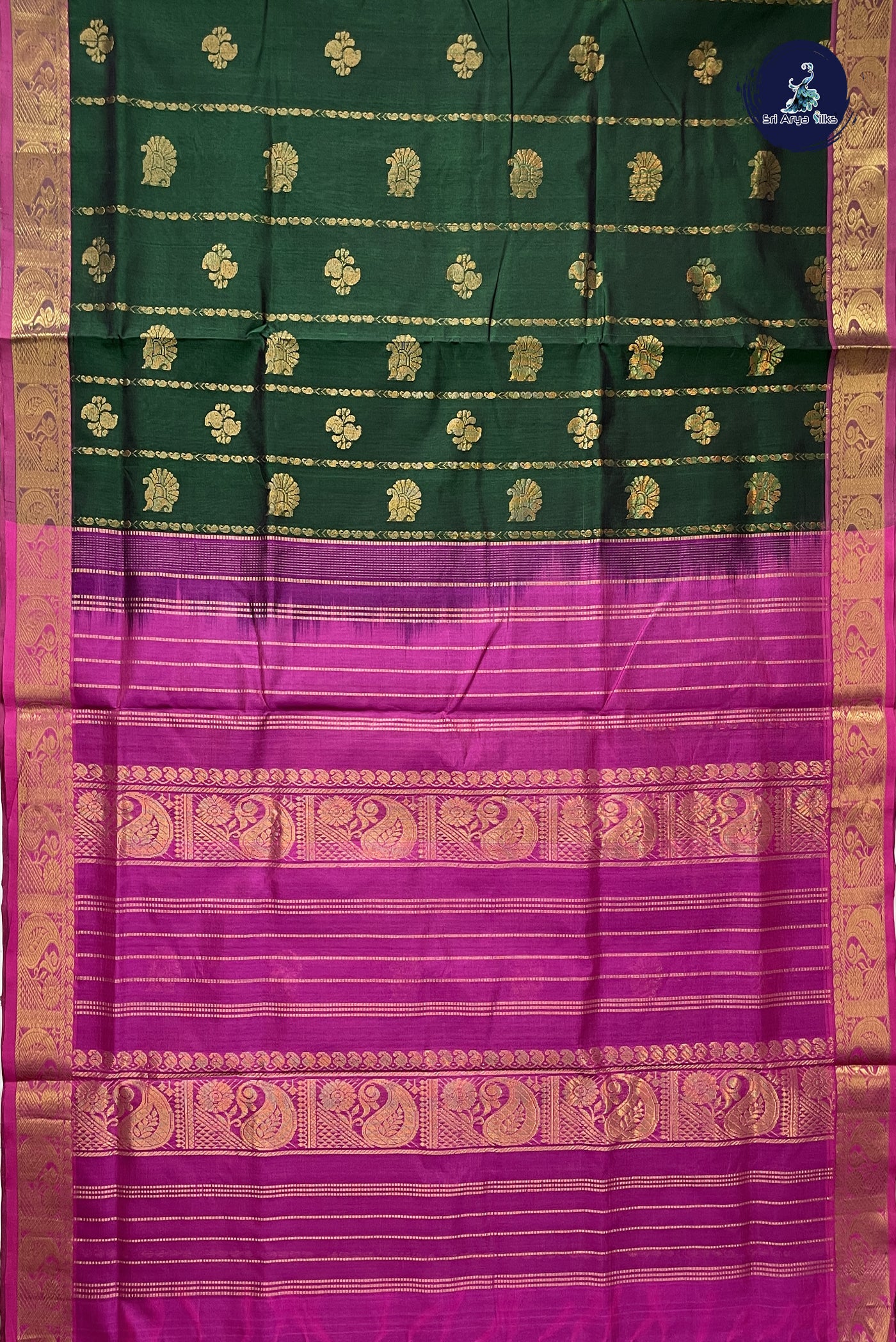 Bottle Green Madisar Silk Cotton Saree With Stripes Pattern