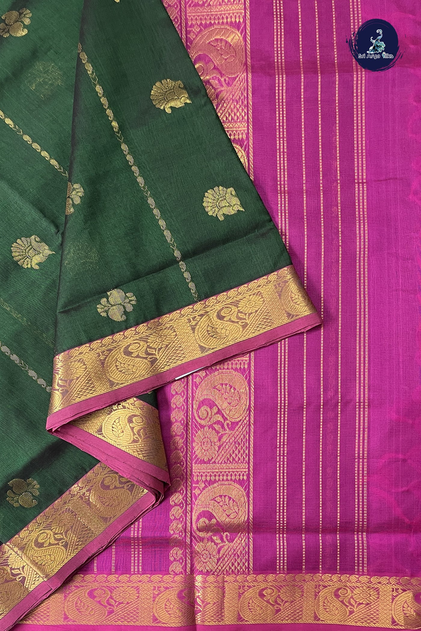 Bottle Green Madisar Silk Cotton Saree With Stripes Pattern