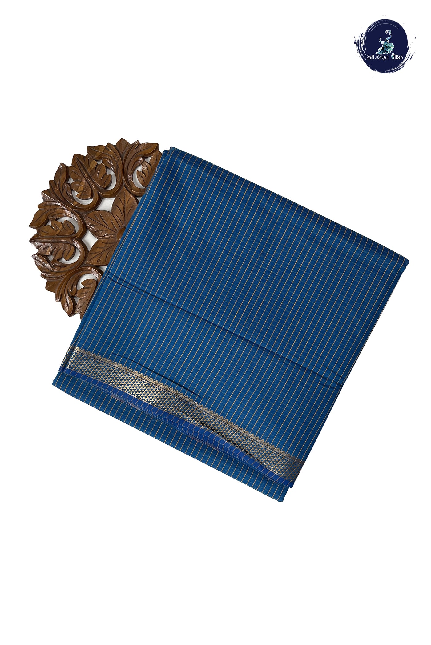 Copper Sulphate Blue 9 Yards Gift Saree With Checked Pattern