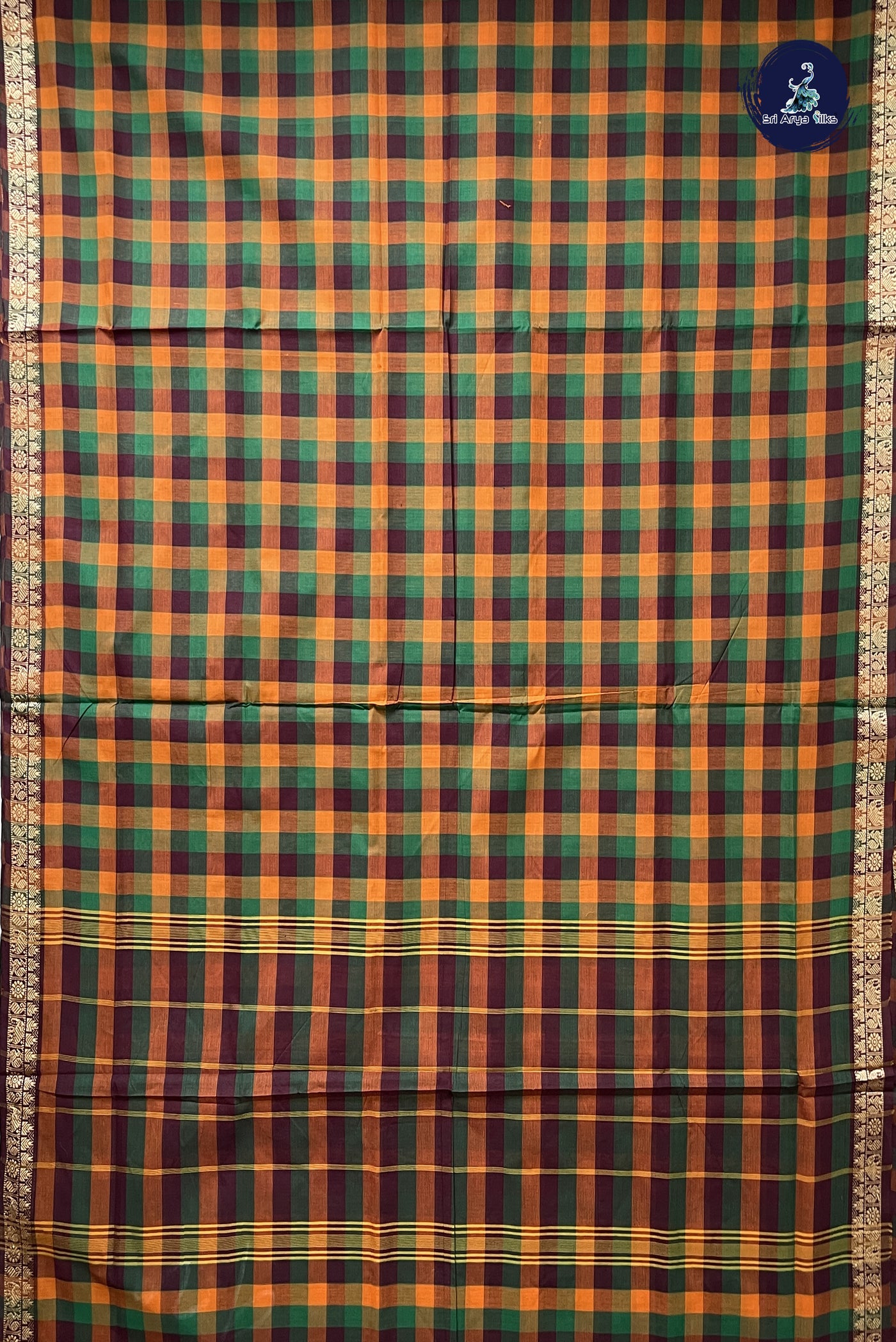 Multi Colour 10 Yards Madisar Cotton Saree With Checked Pattern