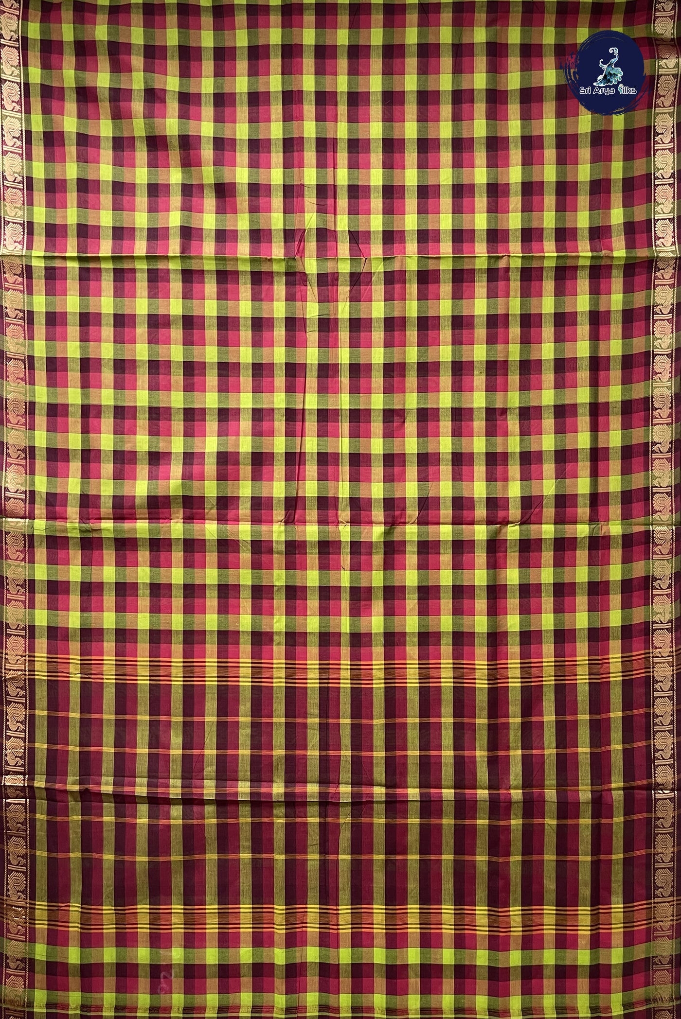 Multi Colour 10 Yards Madisar Cotton Saree With Checked Pattern