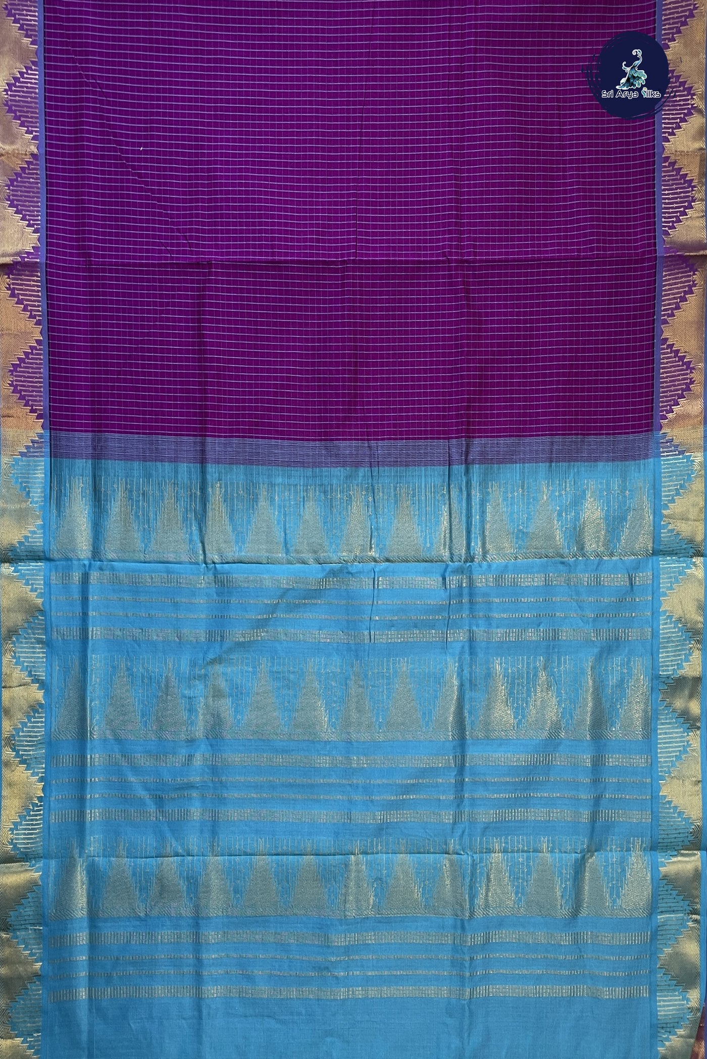 Purple 10 Yards Silk Cotton Saree With Checked Pattern