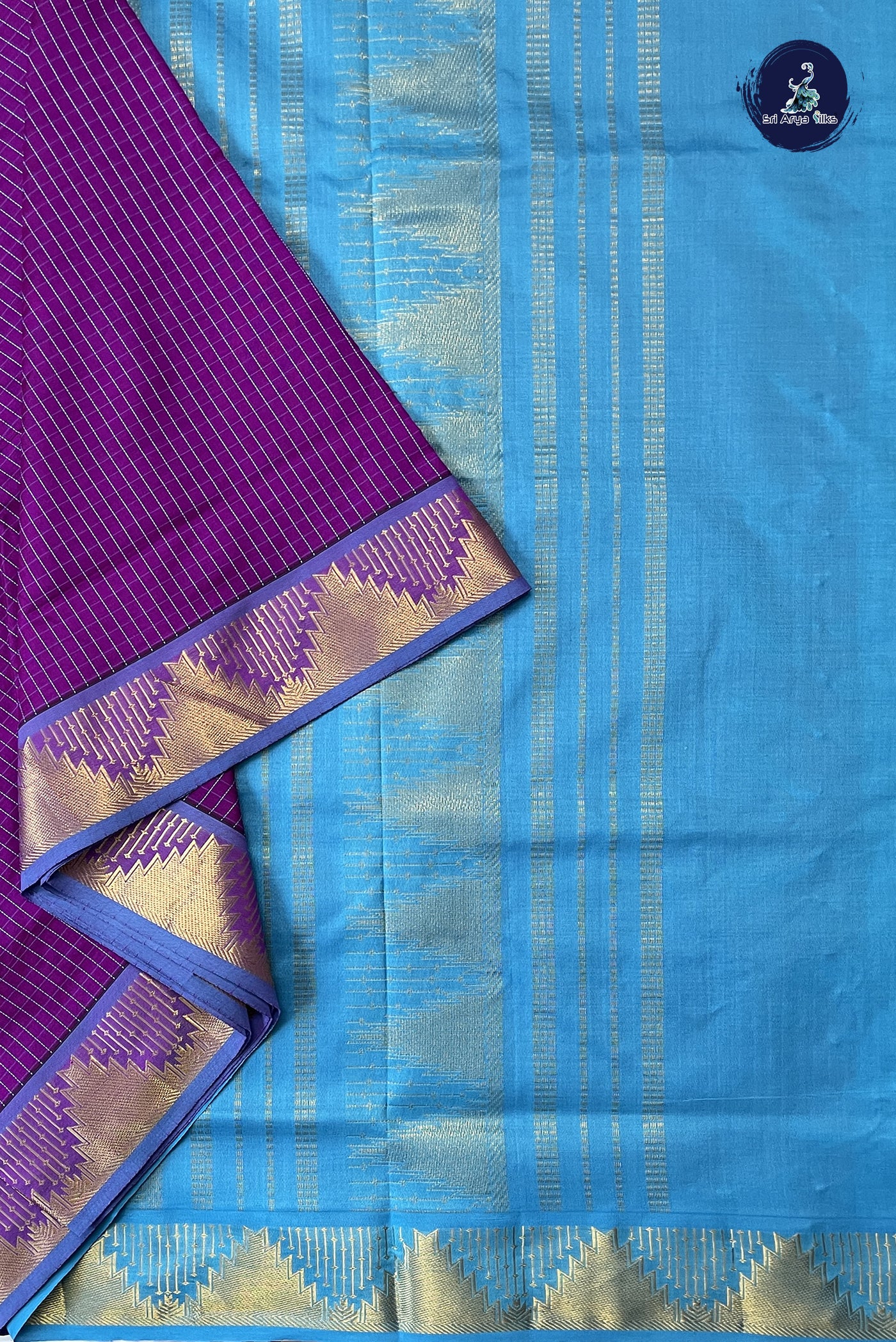 Purple 10 Yards Silk Cotton Saree With Checked Pattern