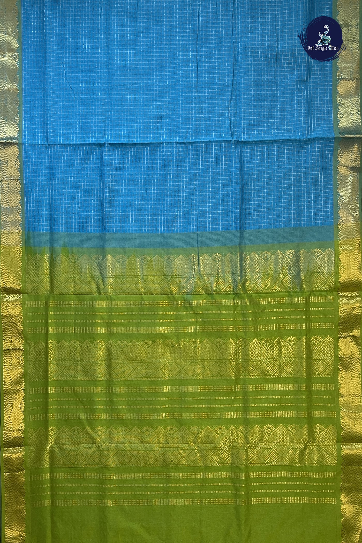 Copper Sulphate Blue 10 Yards Silk Cotton Saree With Zari Checked Pattern