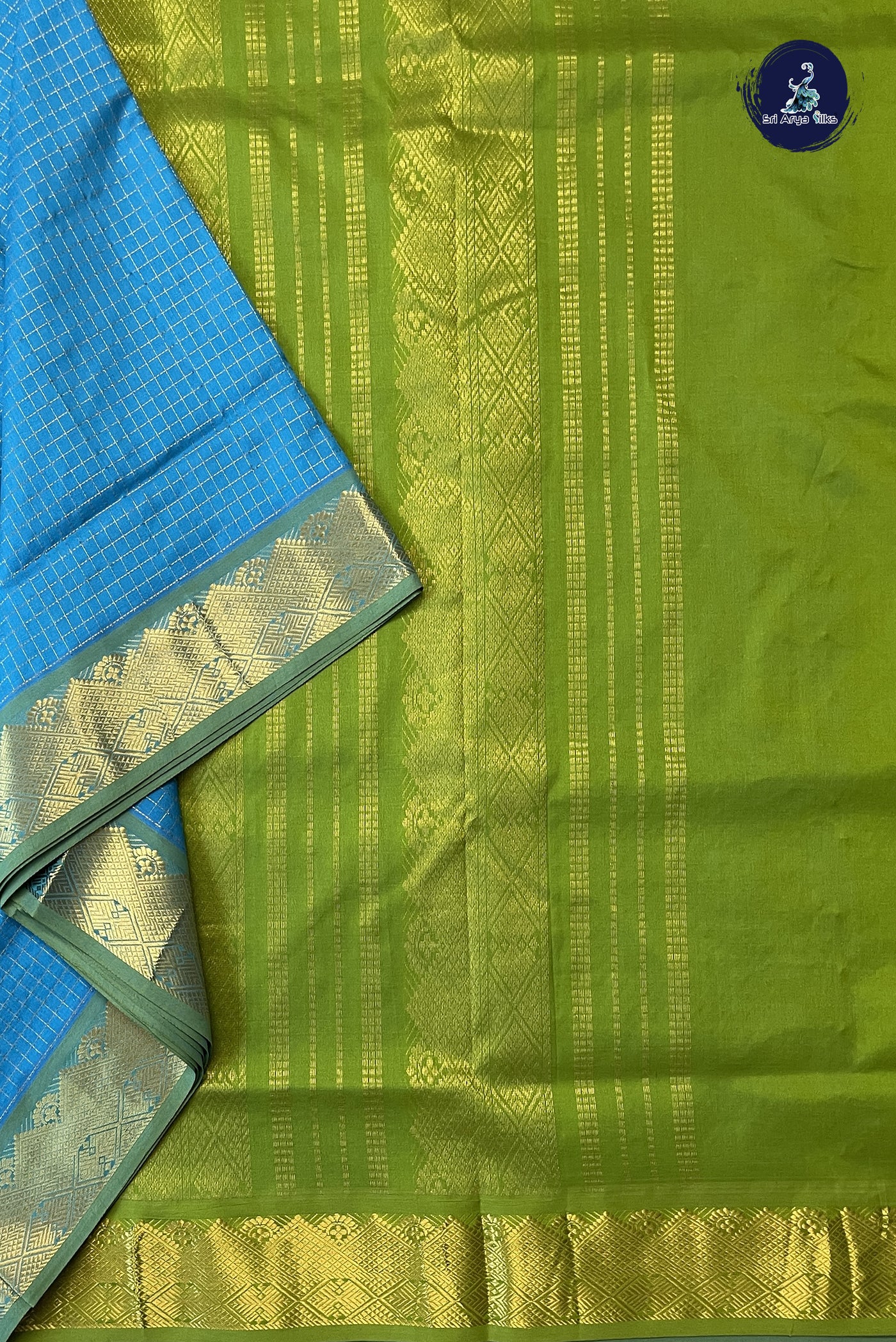 Copper Sulphate Blue 10 Yards Silk Cotton Saree With Zari Checked Pattern