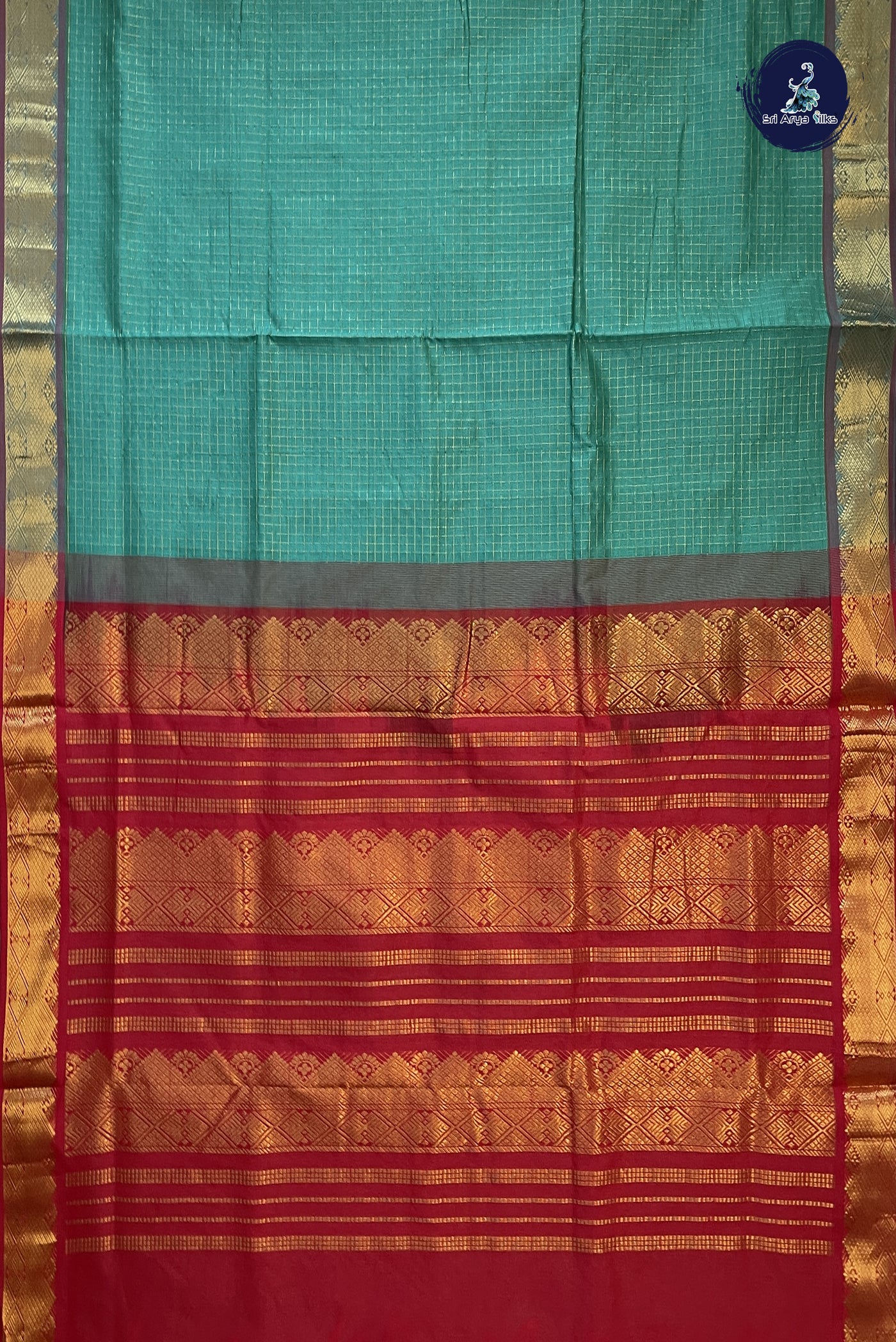 Turquoise 10 Yards Silk Cotton Saree With Zari Checked Pattern