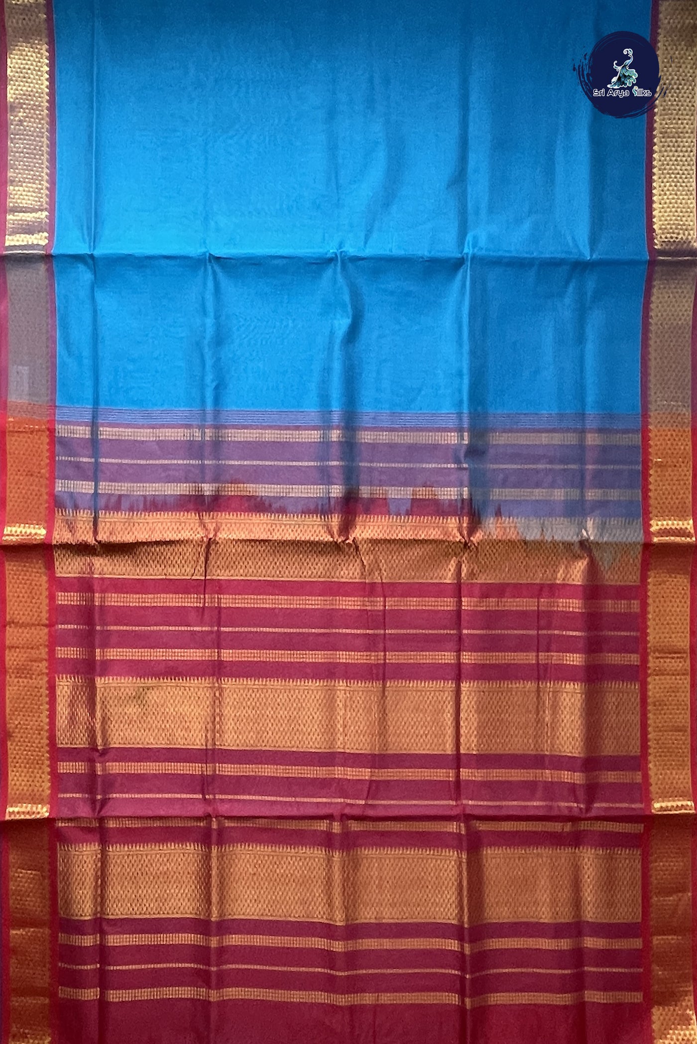 Copper Sulphate Blue 10 Yards Silk Cotton Saree With Plain Pattern