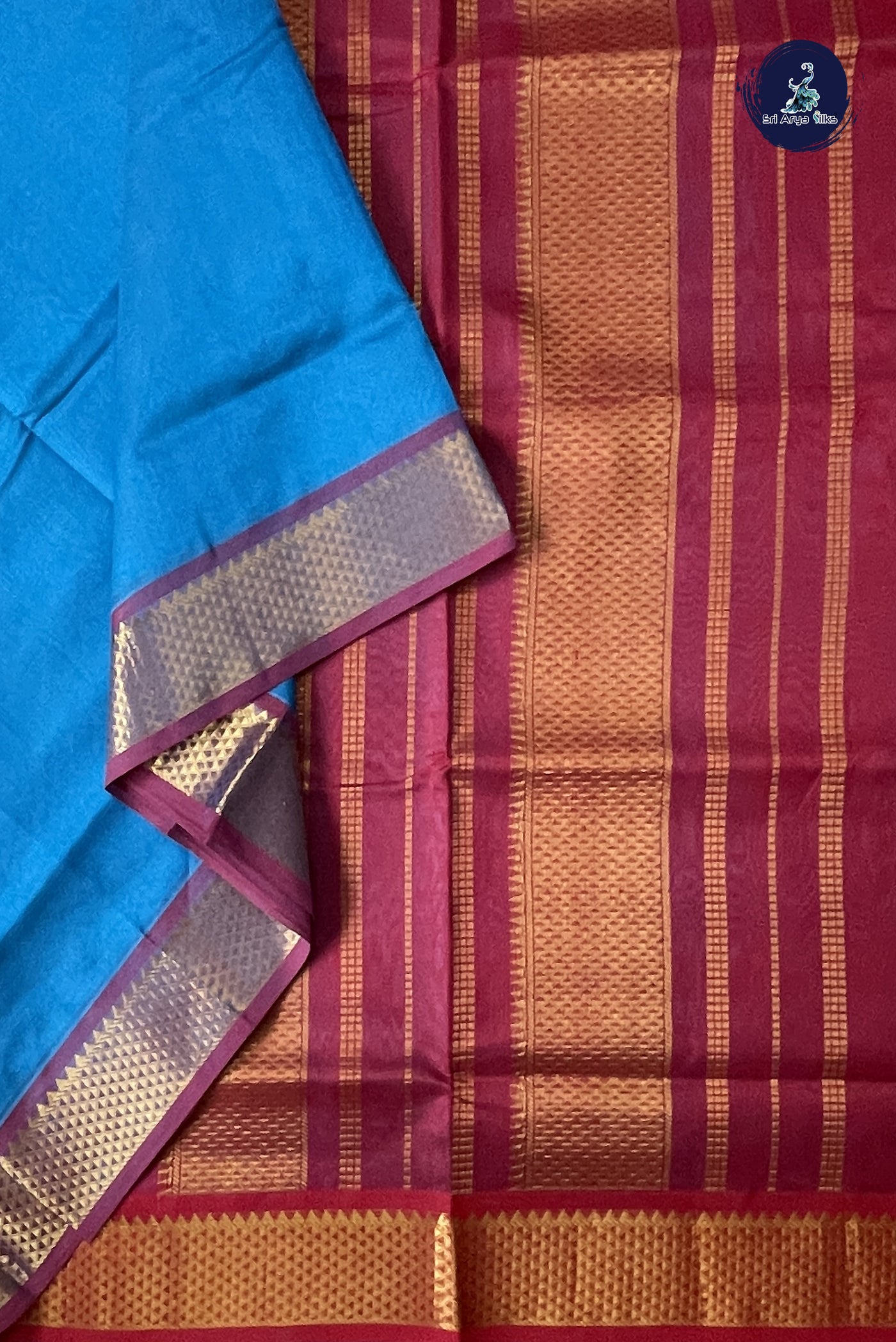 Copper Sulphate Blue 10 Yards Silk Cotton Saree With Plain Pattern