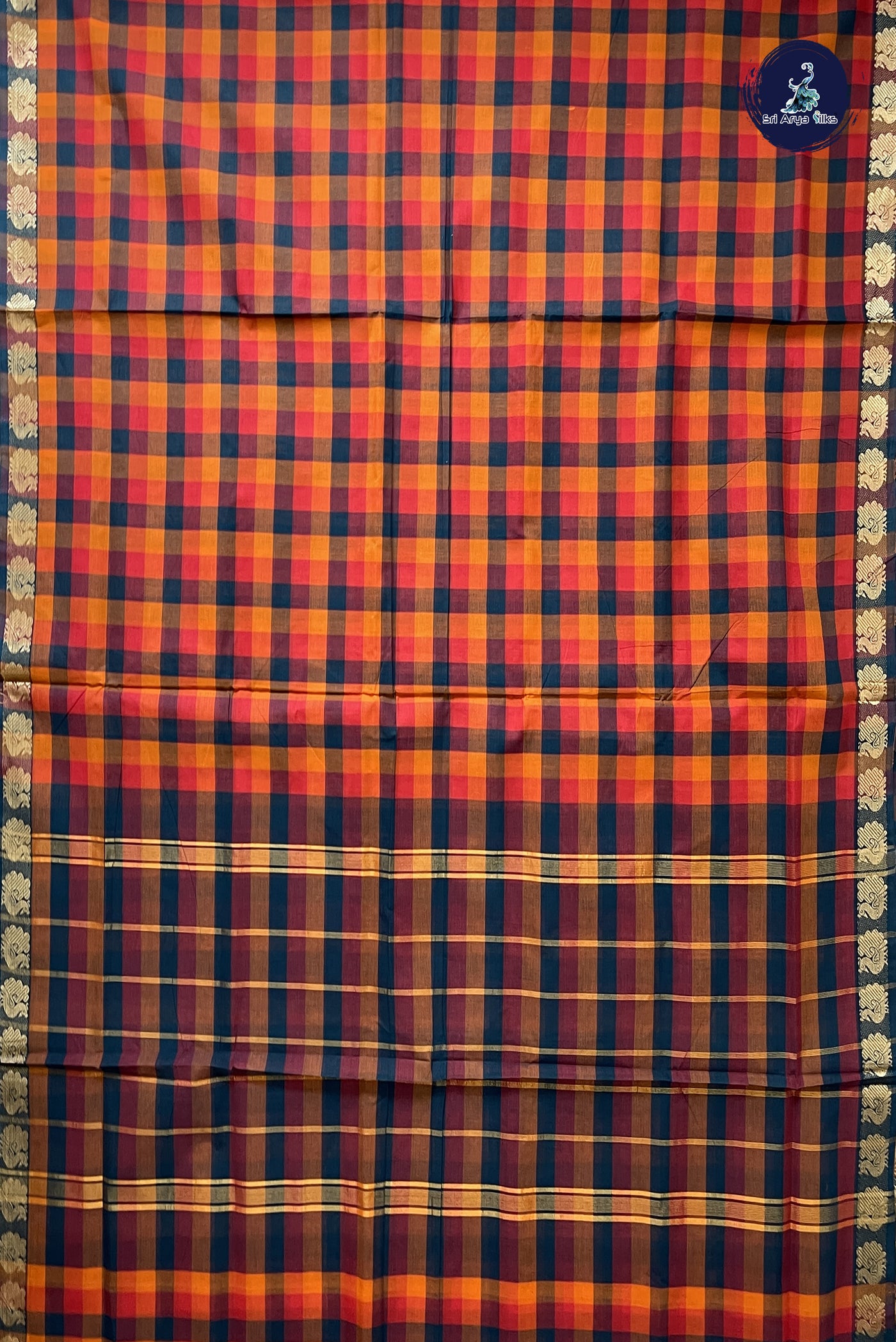 Multi Colour 10 Yards Madisar Cotton Saree With Checked Pattern