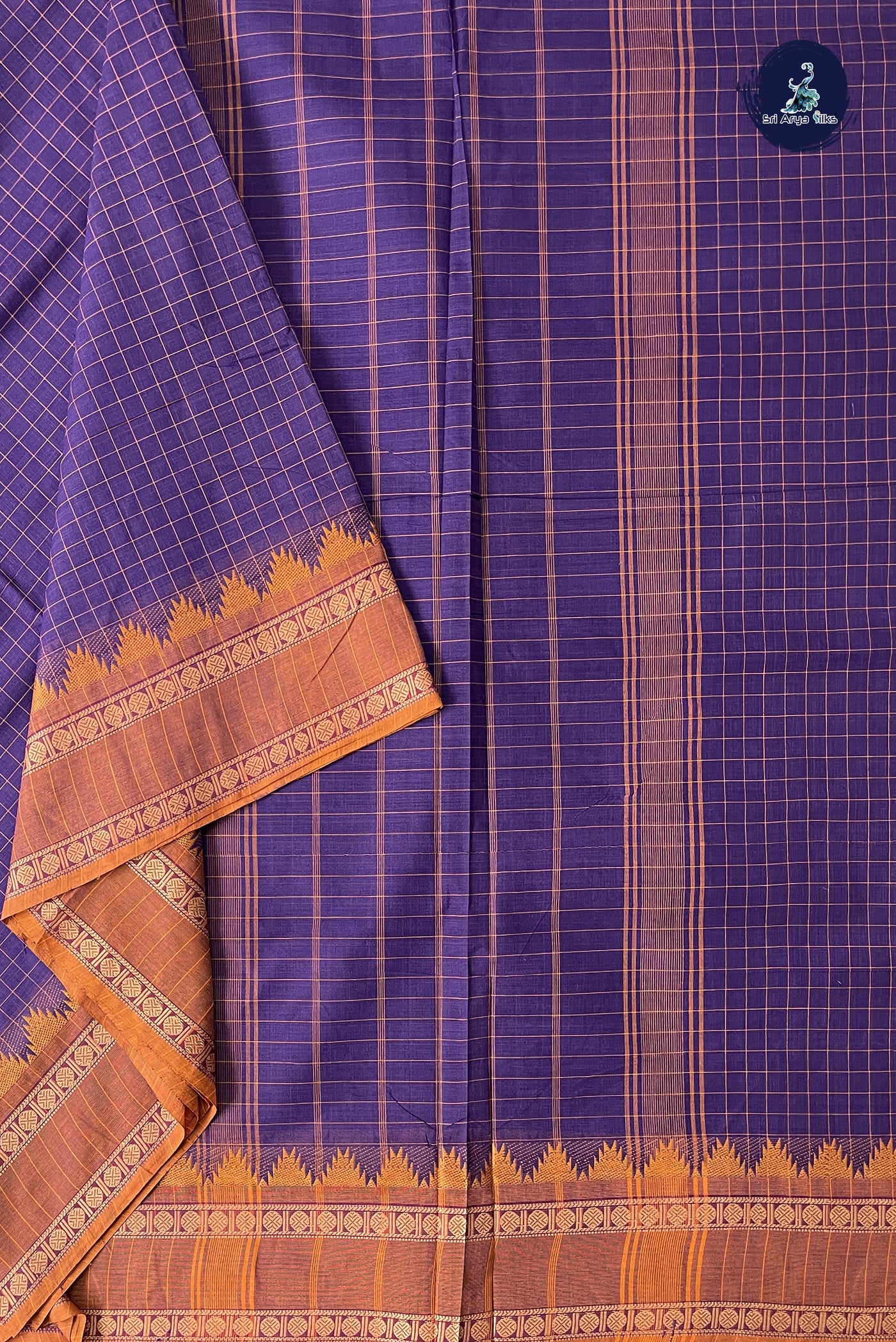 Violet 10 Yards Madisar Cotton Saree With Checked Pattern