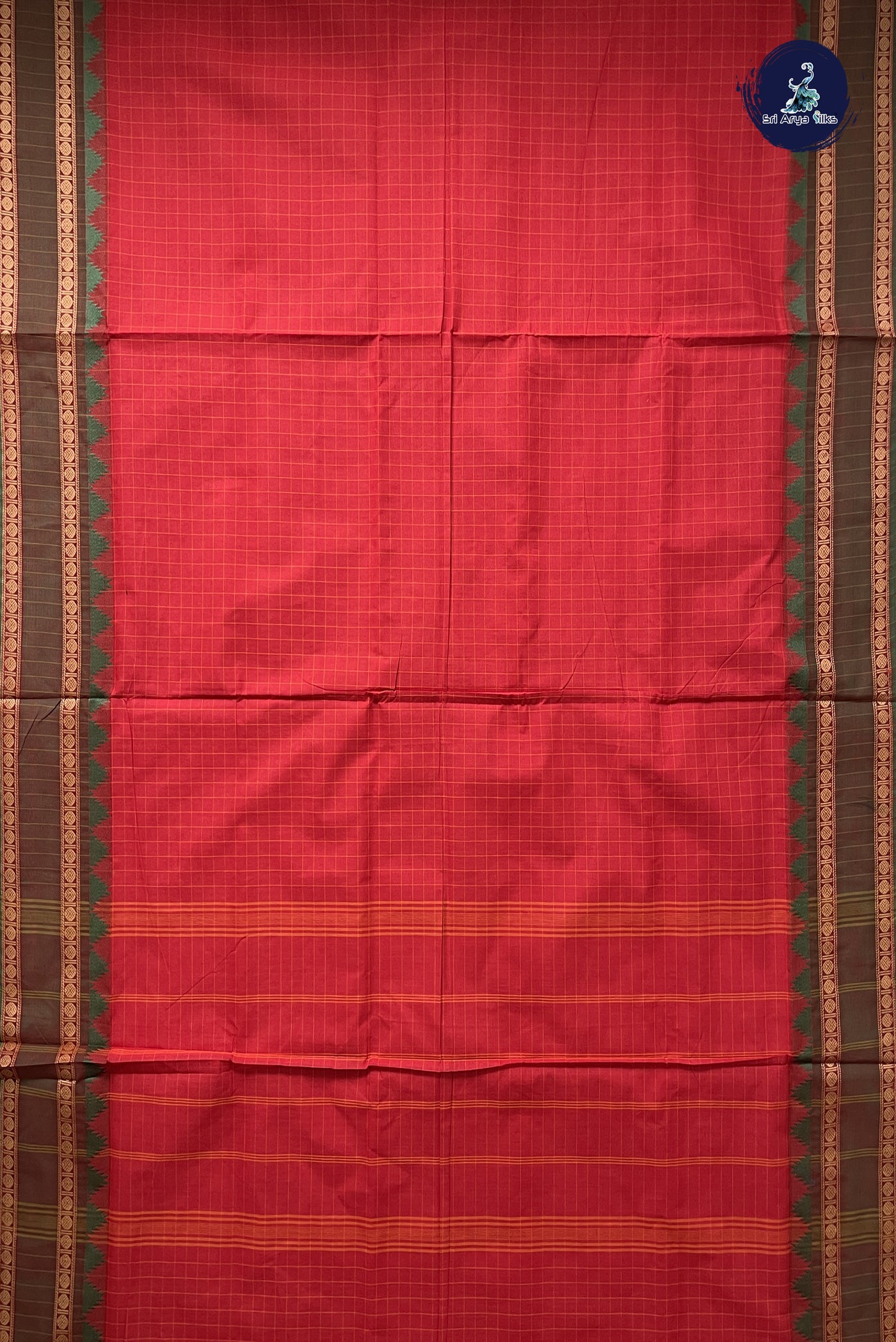 Pinkish Orange 10 Yards Madisar Cotton Saree With Checked Pattern