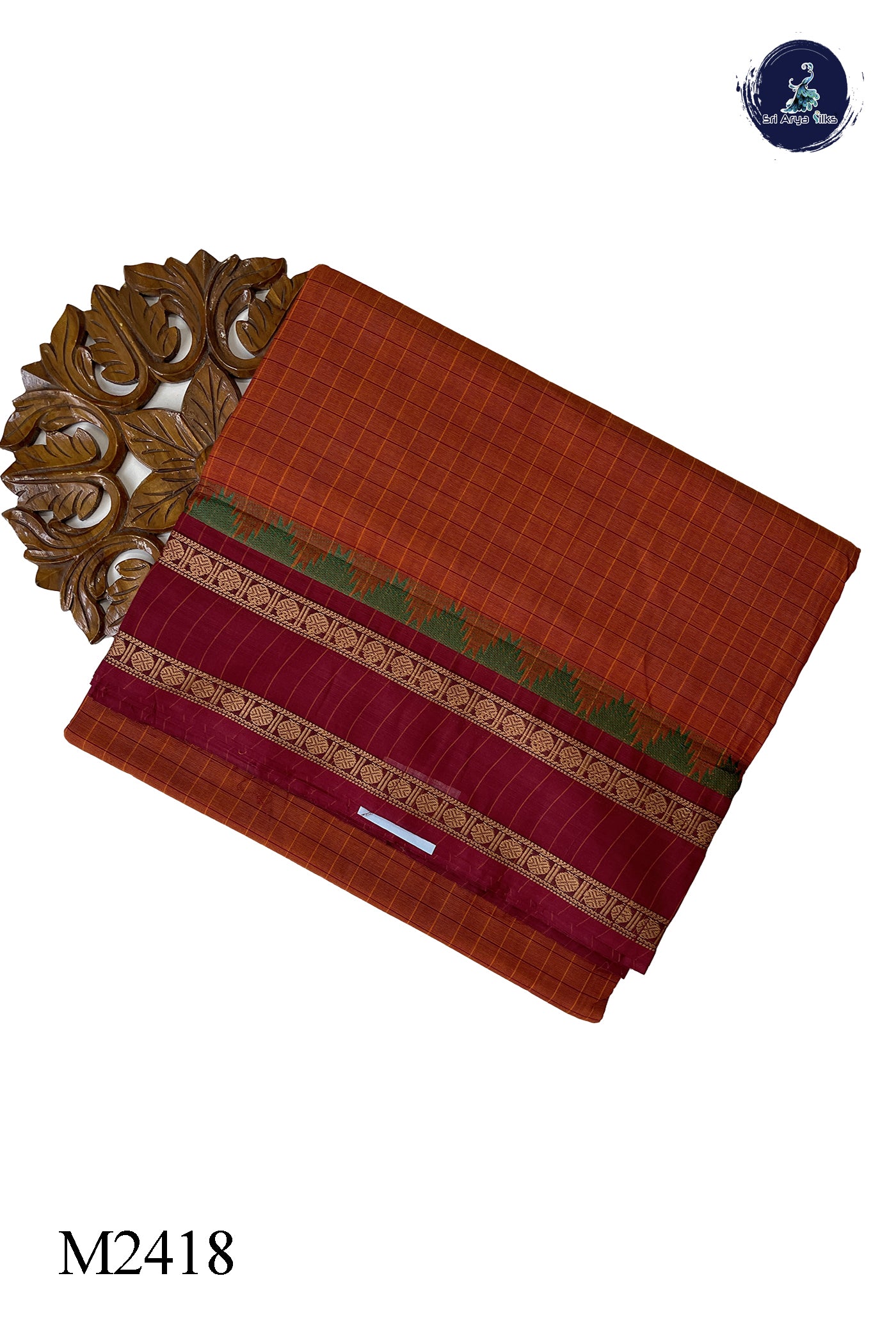 Rust 10 Yards Madisar Cotton Saree With Checked Pattern