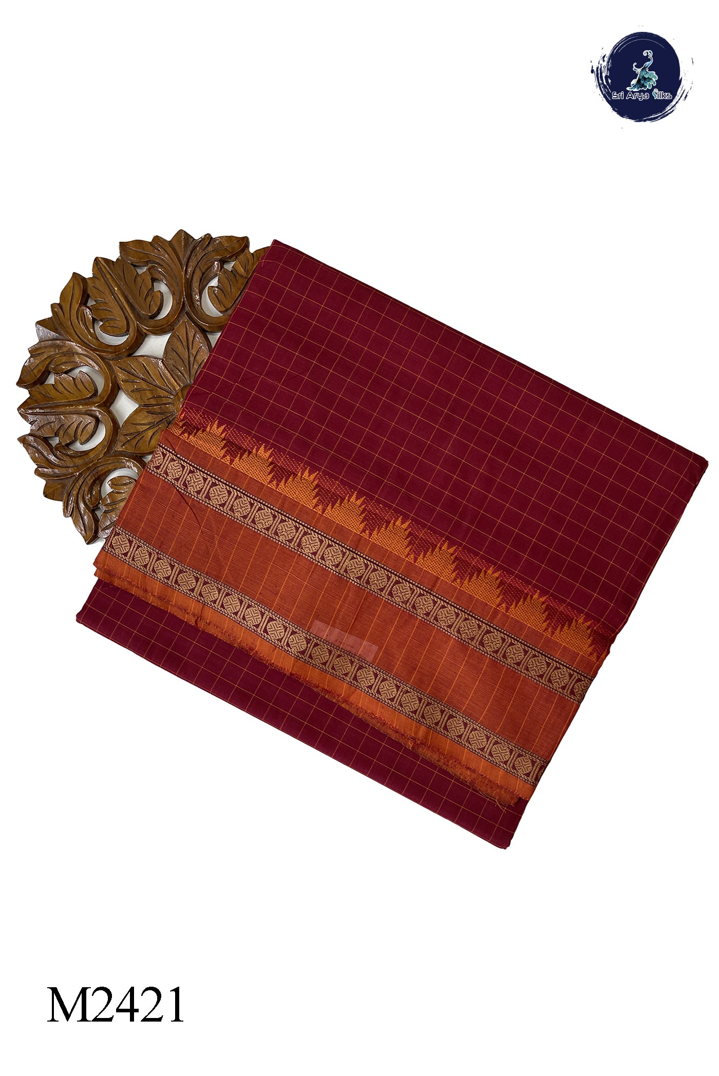 Maroon 10 Yards Madisar Cotton Saree With Checked Pattern