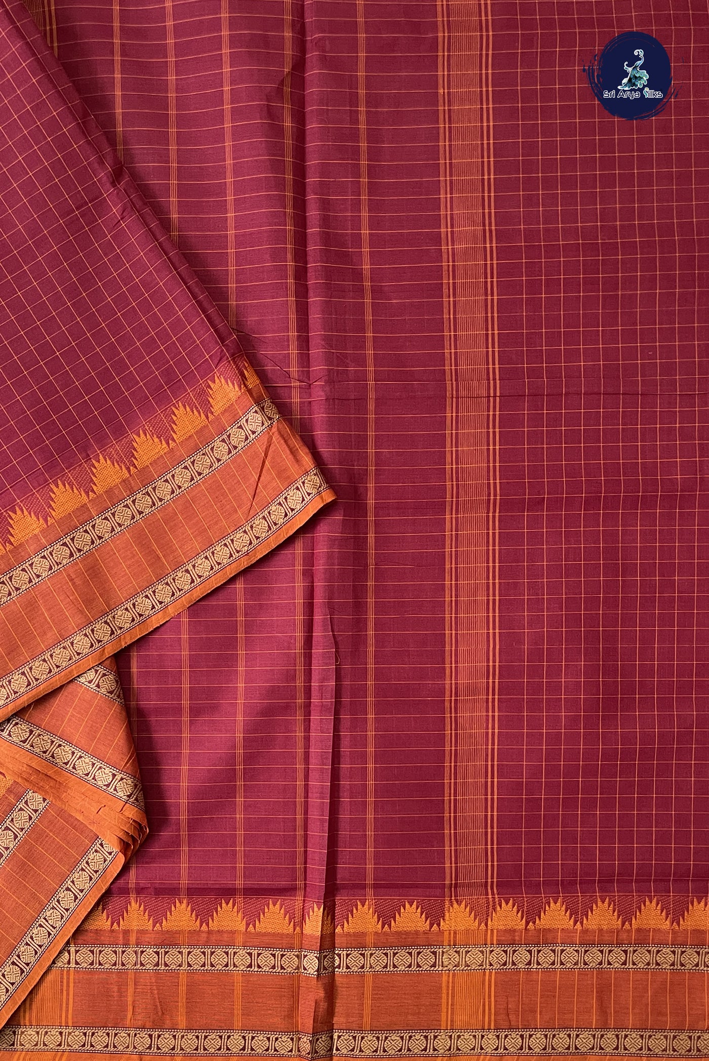 Maroon 10 Yards Madisar Cotton Saree With Checked Pattern