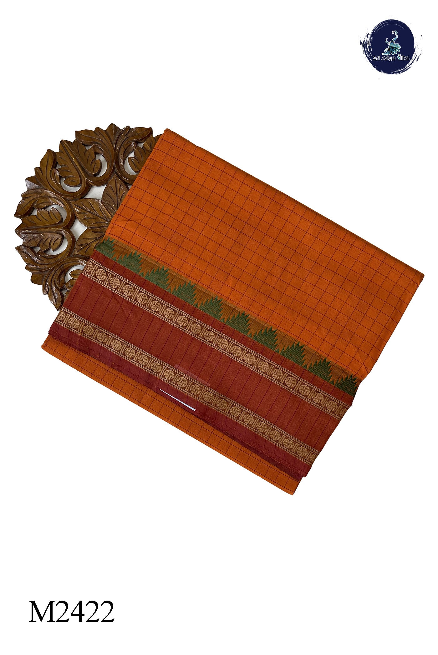 Orange 10 Yards Madisar Cotton Saree With Checked Pattern